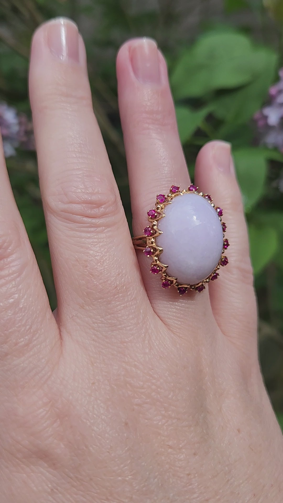 Dazzling Ruby and Natural Lavender Jade Cocktail Ring in 14k Yellow Gold