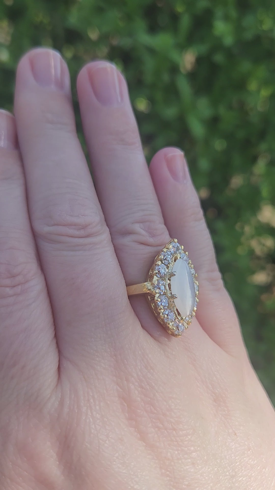 Antique Victorian Cat's Eye Moonstone and Old Mine Cut Diamond Navette Ring in 14k Yellow Gold