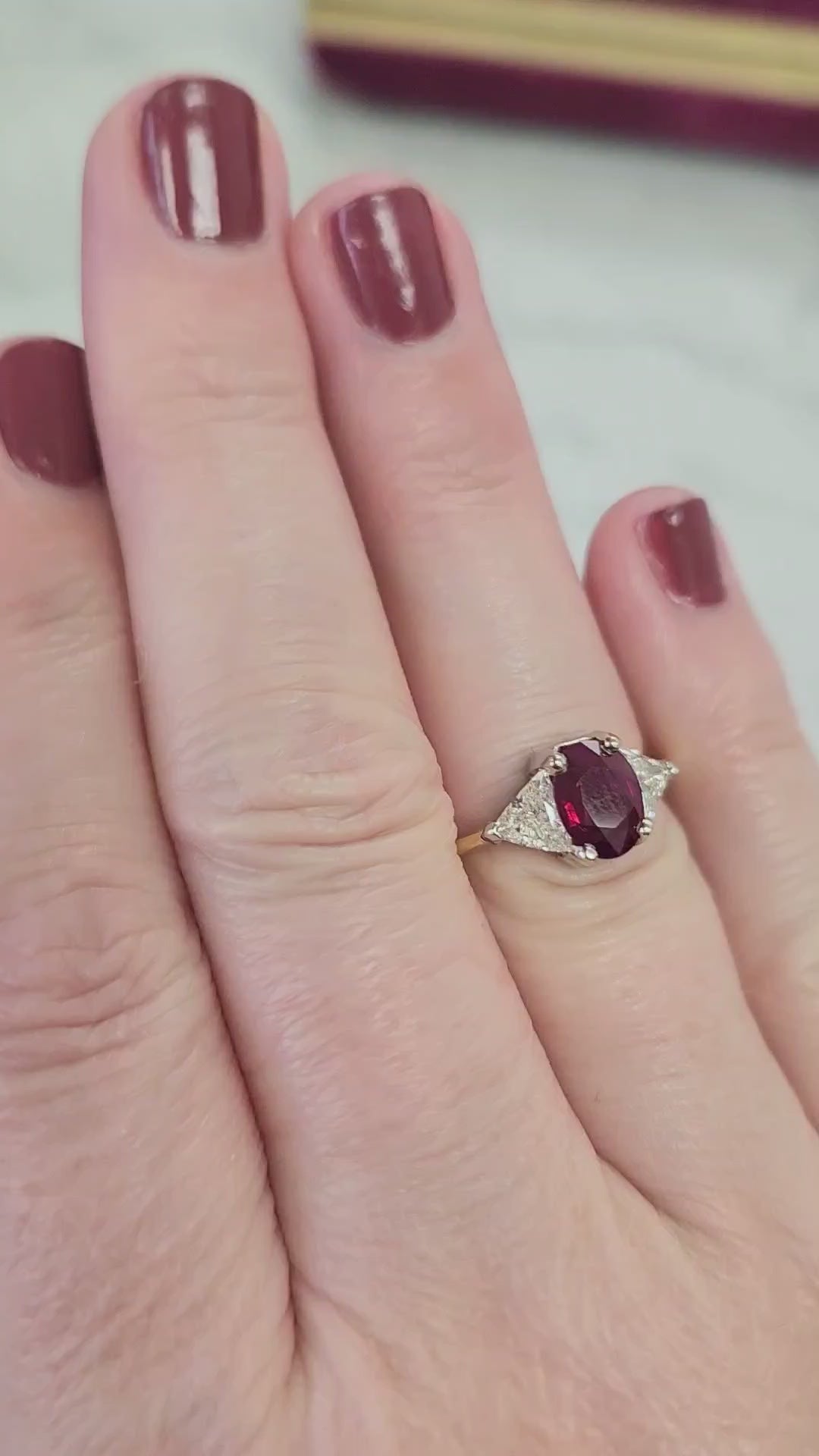 Classic Ruby and Trillion Cut Diamond Ring in 18k Yellow Gold