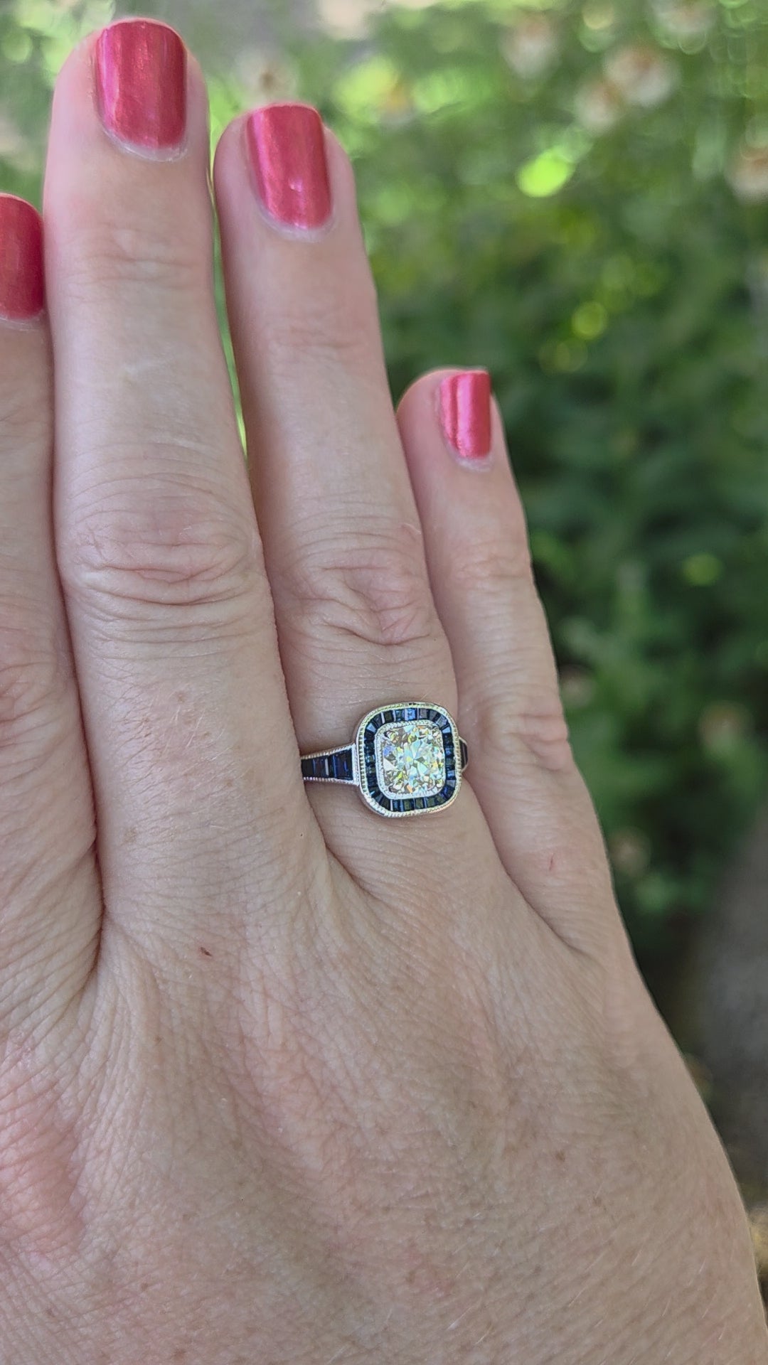 Old European Cut Diamond and Blue Sapphire Halo Ring in 14k White Gold