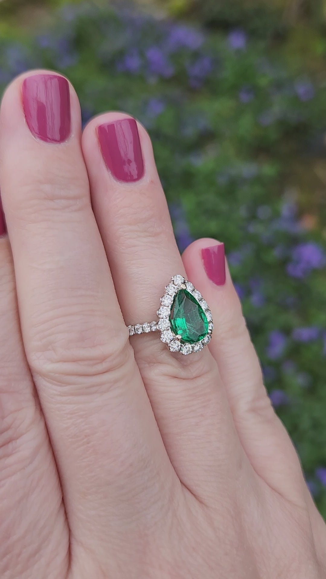 Exquisite GIA Certified Pear Cut Emerald and Diamond Halo Ring in 18k White Gold