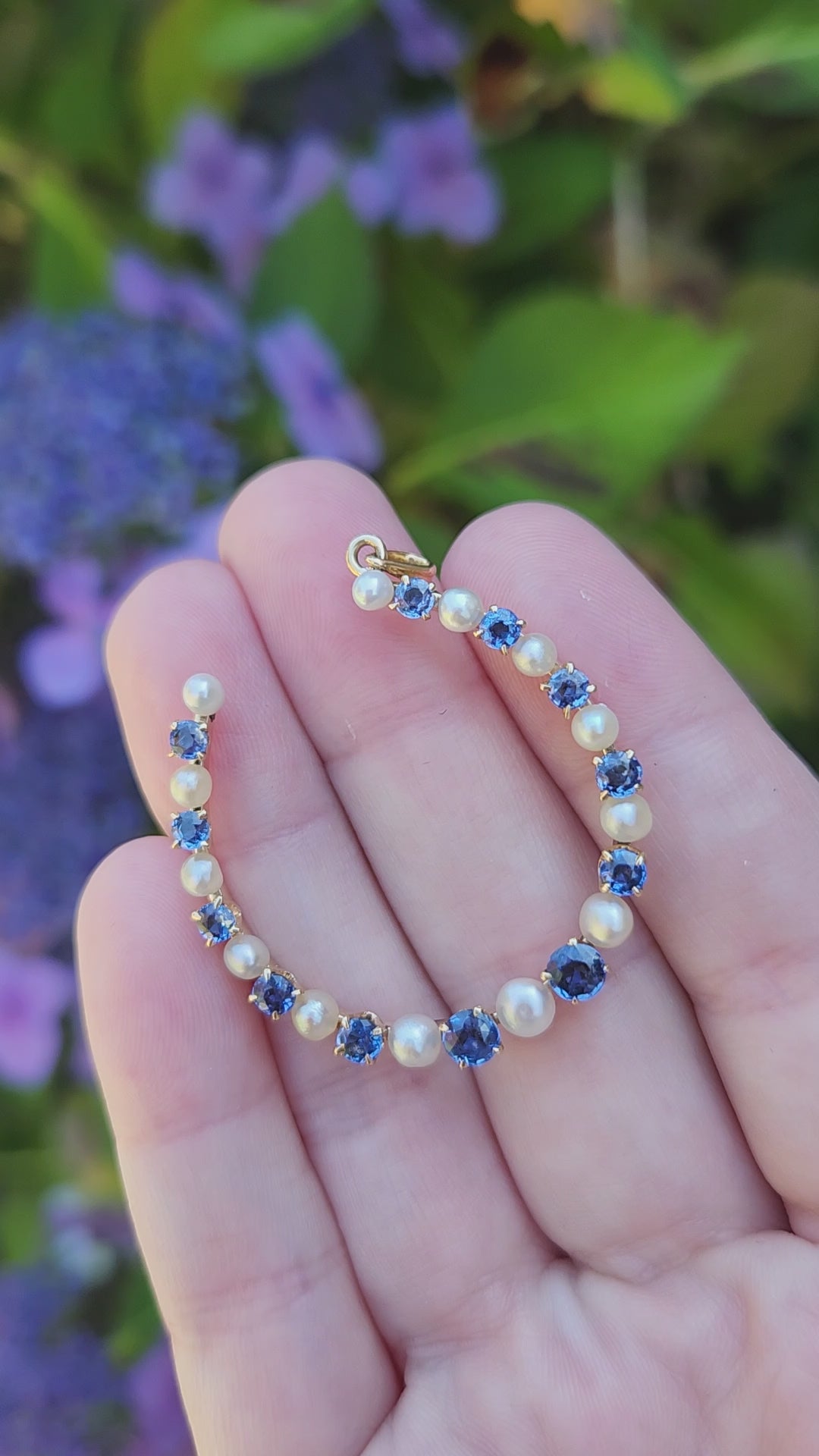 Victorian Yogo Montana Blue Sapphire and Pearl Horseshoe Good Luck Pendant in 14k