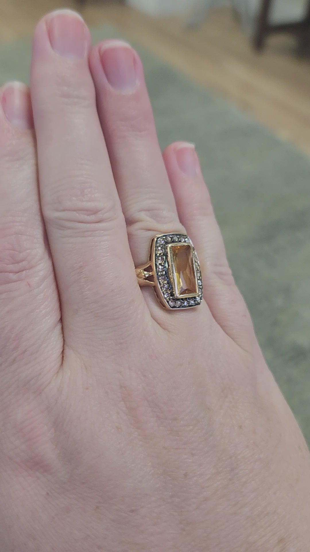 Vintage Elongated Cushion Shaped Ring with Citrine and Rose Cut Diamonds in 14k Yellow Gold
