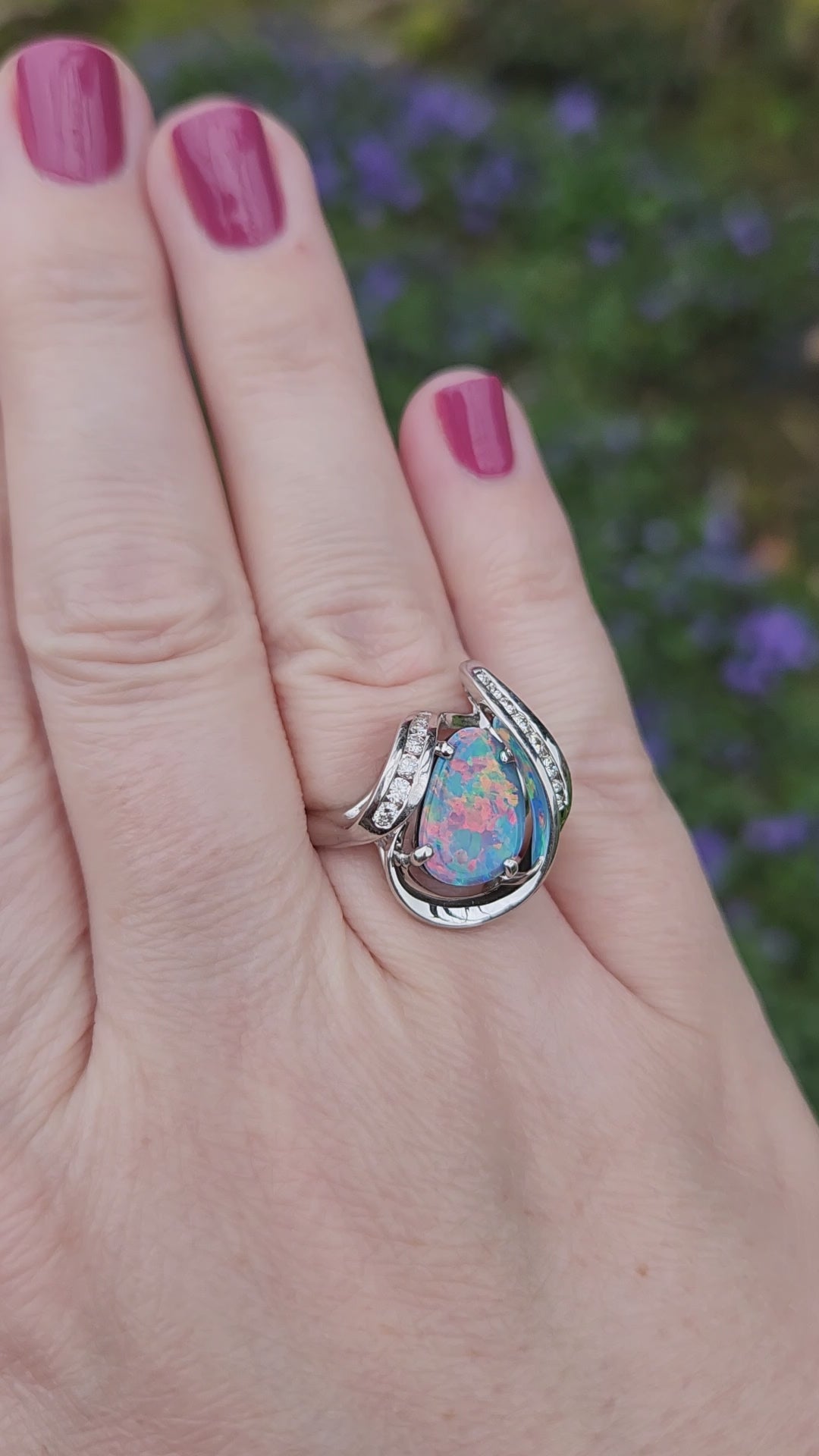 Electric Australian Black Opal Doublet and Diamond Ring in 14k White Gold