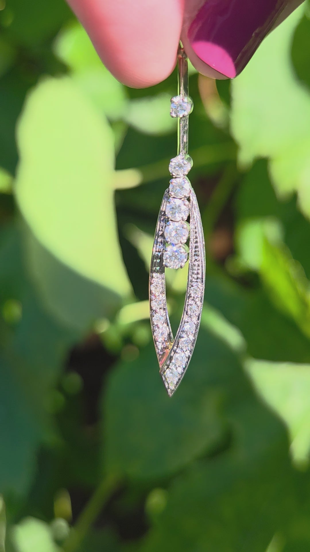 Mid-Century Modern Diamond Elongated Teardrop Pendant Necklace in 14k White Gold