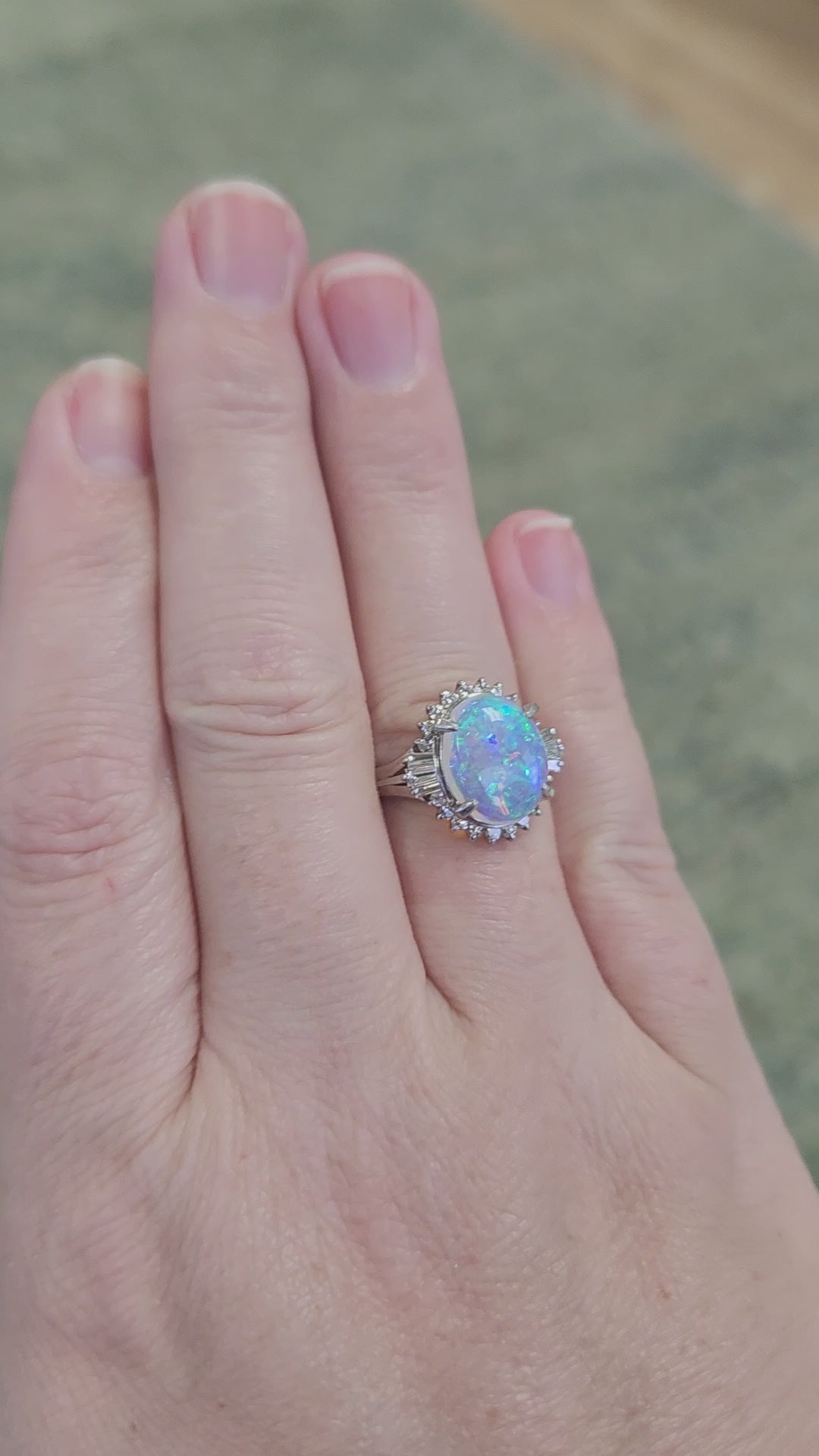 Stunning Australian Opal and Diamond Halo Ring in Platinum