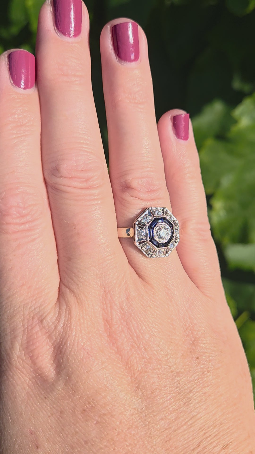 Art Deco Sapphire and Old European Cut Diamond Target Ring in Platinum and 14k