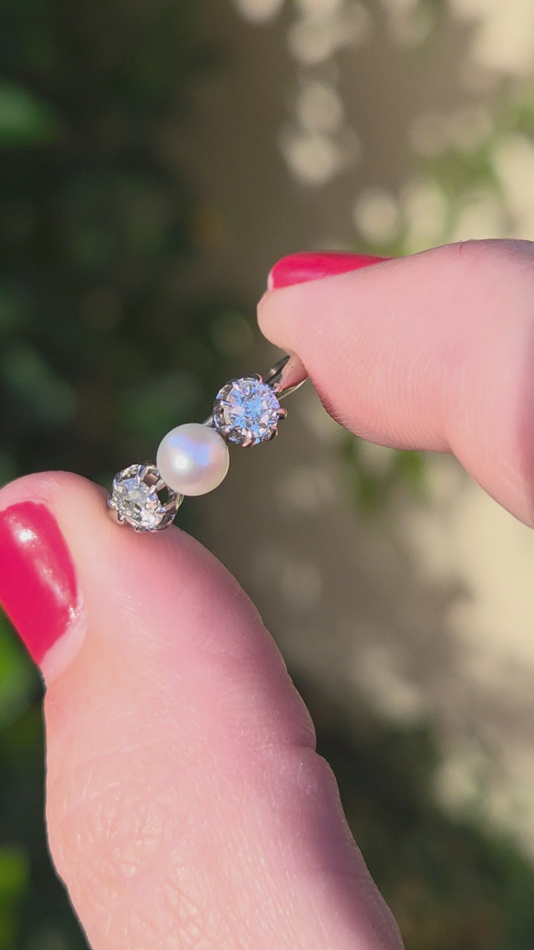 Edwardian Pearl and Old Mine Cut Diamond Three Stone Ring in Platinum