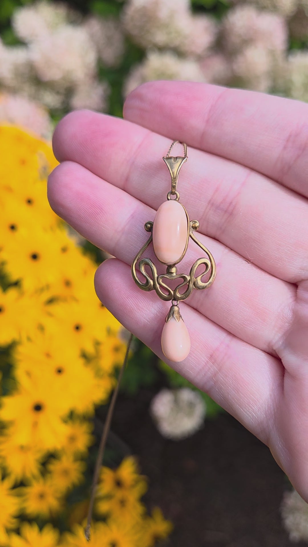 Art Nouveau Angel Skin Coral Drop Pendant Necklace in 10 & 14k Yellow Gold