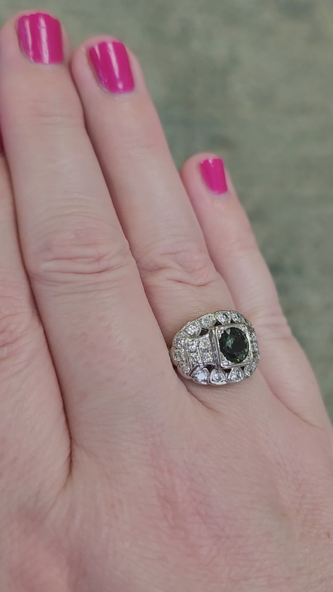 Late Art Deco Deep Green Sapphire and Old European Cut Diamond Ring in 14k White Gold