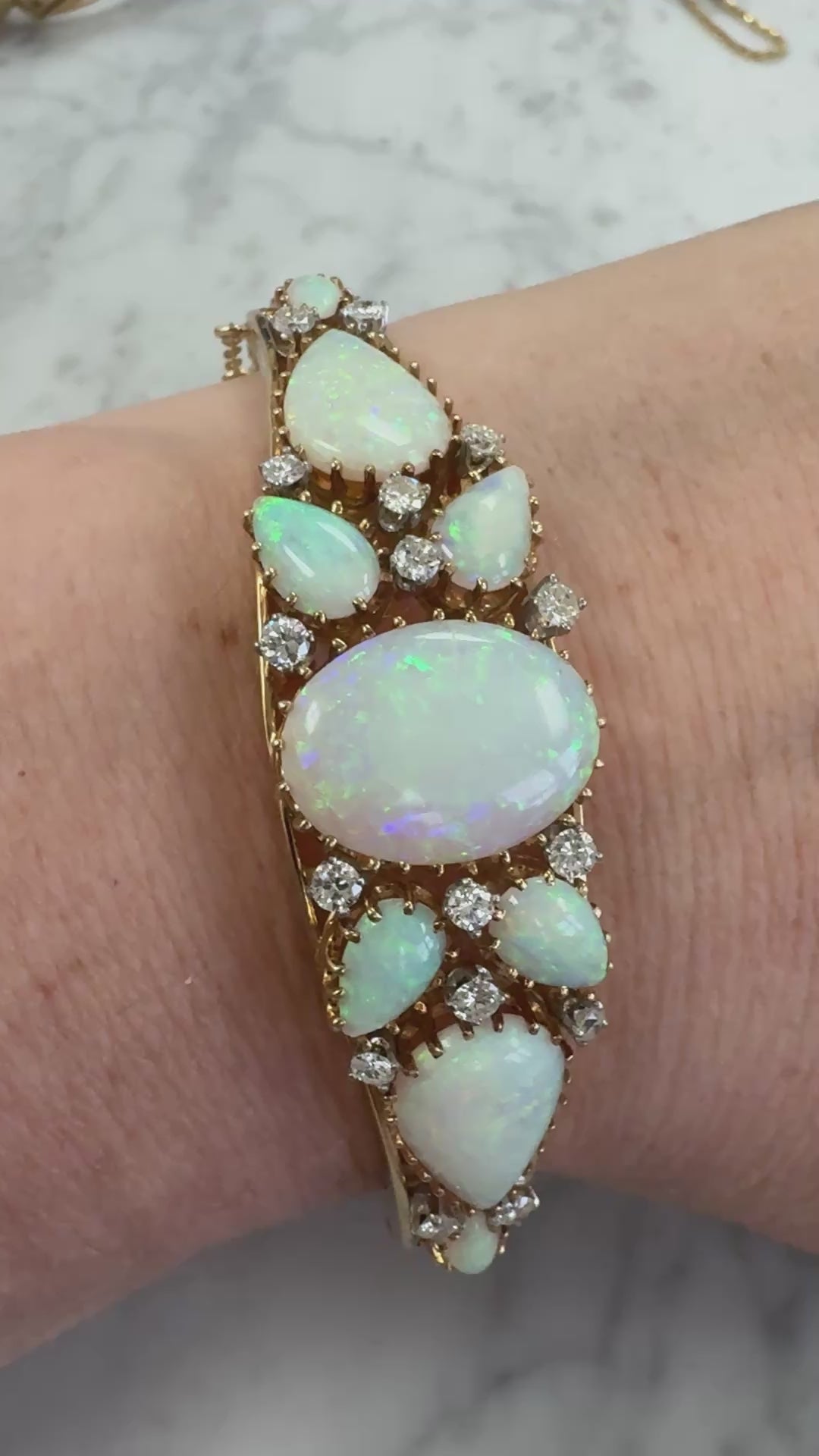 Exquisite Australian Opal and Diamond Bangle Bracelet in 14k Yellow Gold