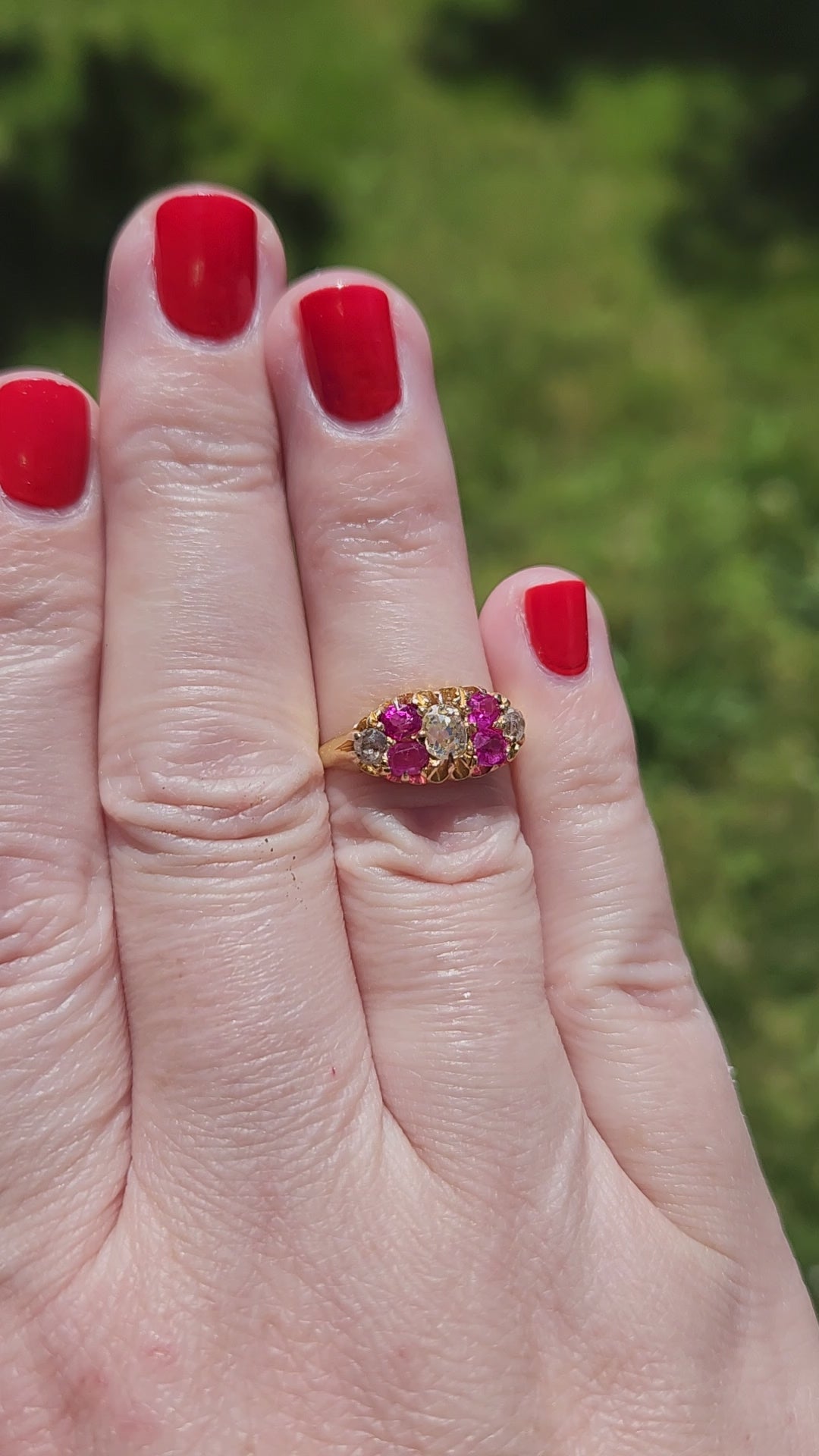 Antique Ruby and Old Mine Cut Diamond Band Ring in 18k Yellow Gold