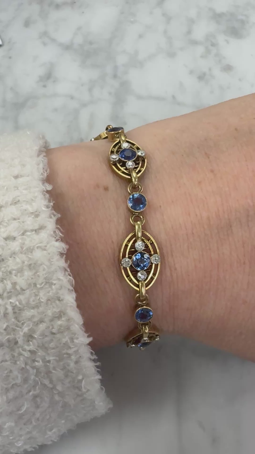 Antique GIA Certified Yogo Blue Sapphire & Old Cut Diamond Bracelet in 14k Yellow Gold