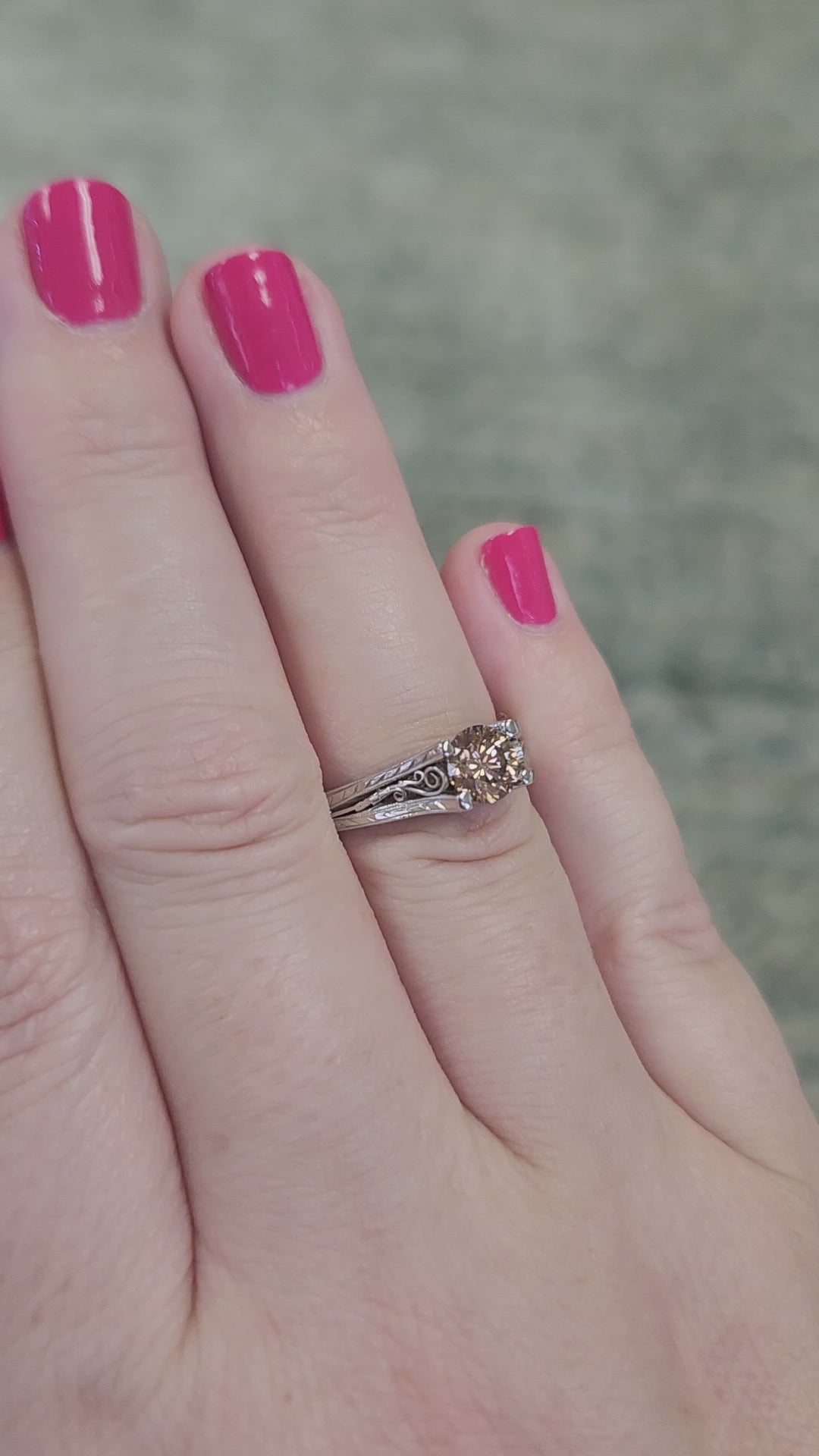 Fancy Champagne Brown Diamond Solitaire in Platinum with Hand Engraved Ring