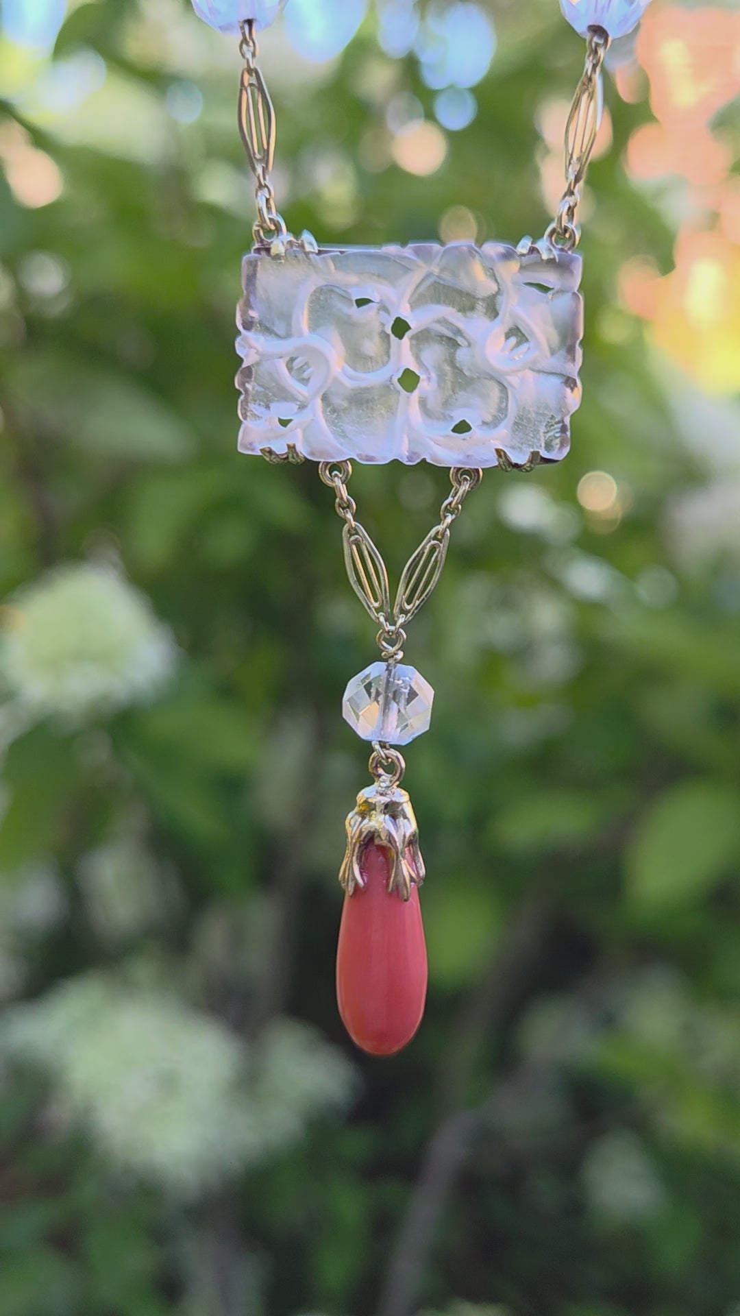 Art Nouveau Rock Crystal Quartz and Coral Drop Necklace in 14k Yellow Gold