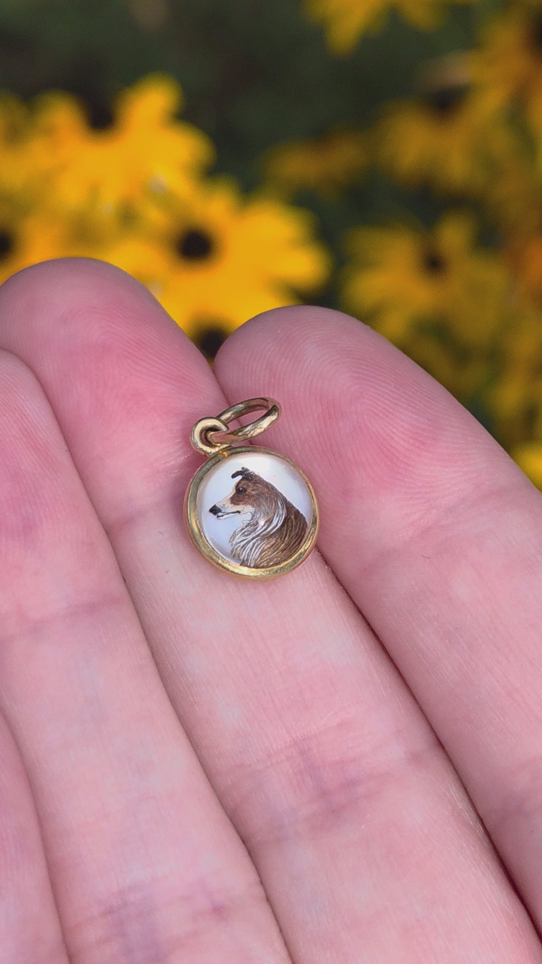 Victorian Miniature Collie Essex Crystal Pendant in 14k Yellow Gold
