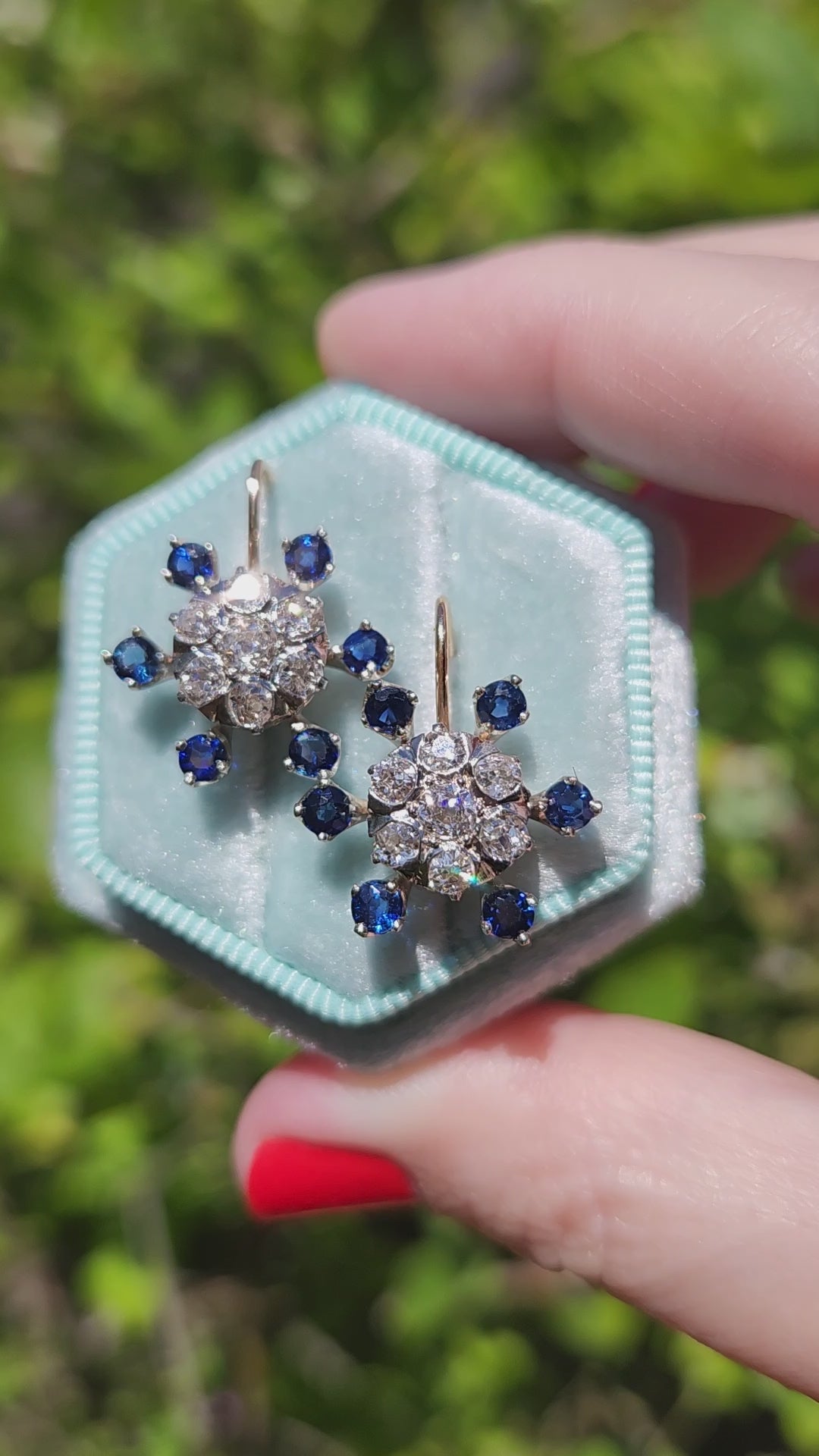 Sparkling Old Mine Cut Diamond Cluster and Sapphire Earrings in 14k