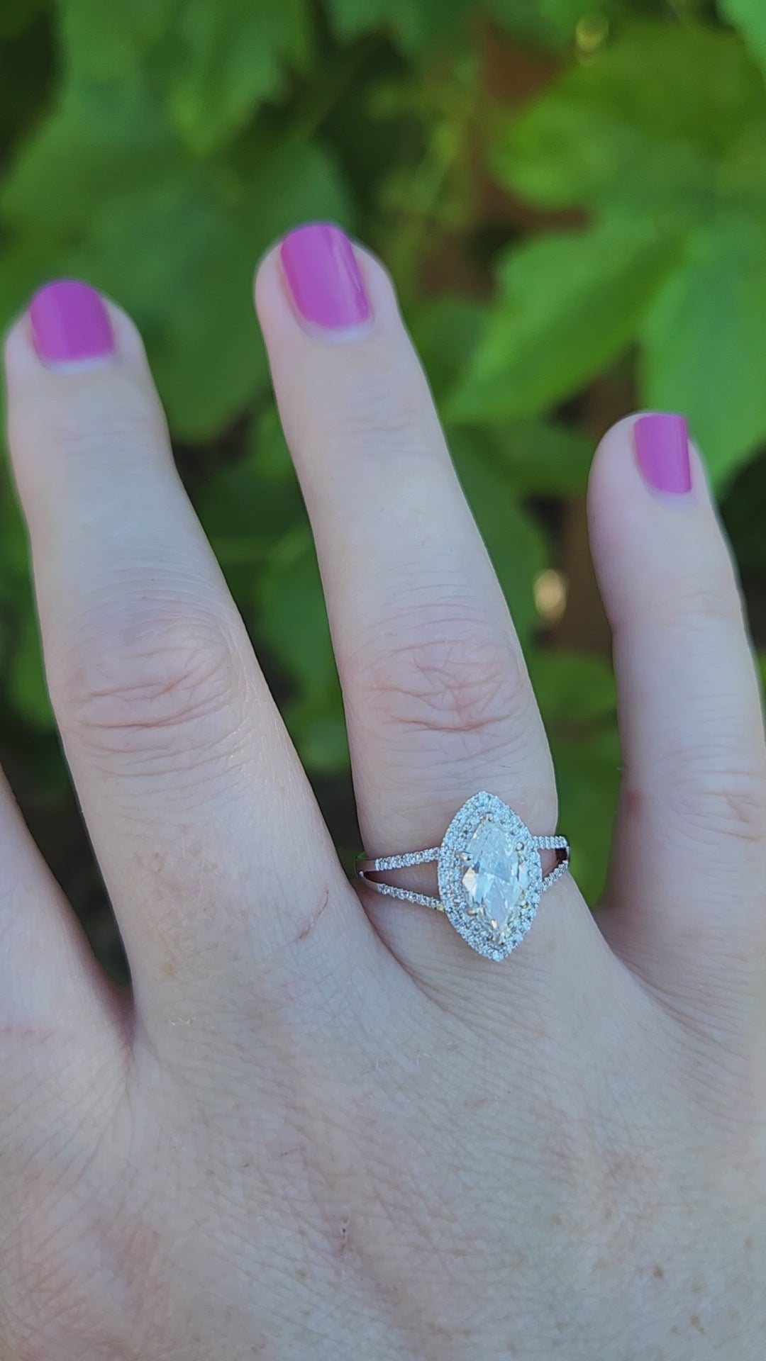 Sparkly GIA Certified Marquise Cut Diamond Halo Split Shank Engagement Ring in 18k White Gold