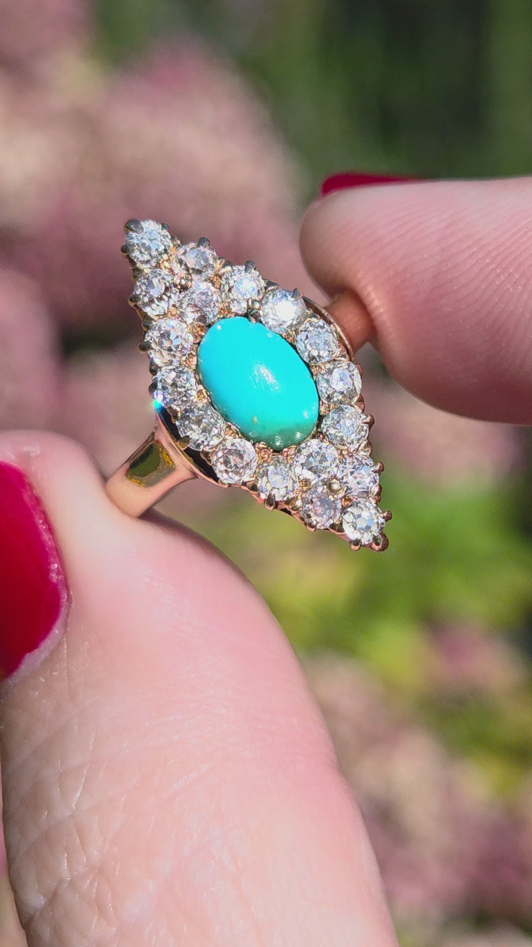 Victorian Turquoise and Old Mine Cut Diamond Navette Ring in 14k Yellow Gold