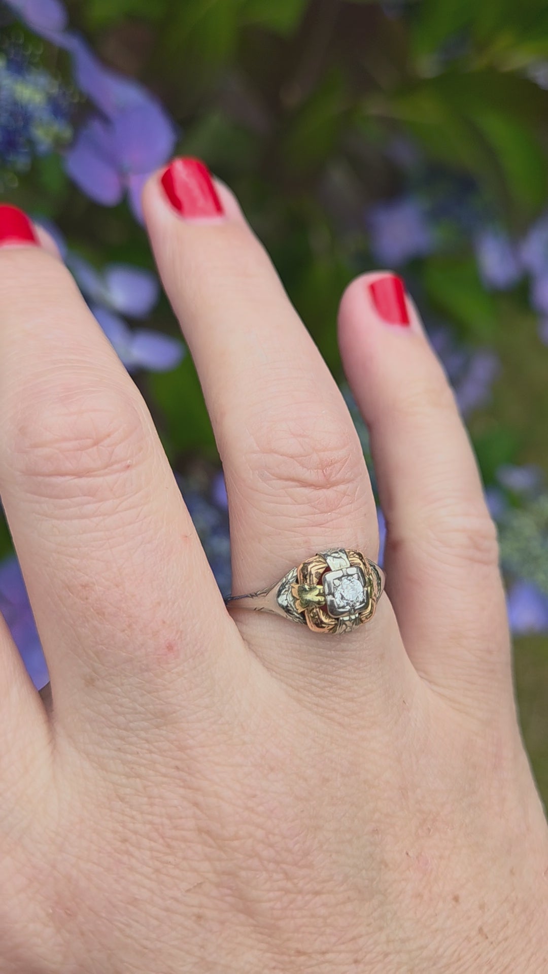 Art Deco Tri Color Old European Cut Diamond Engagement Ring in 14k Rose White and Yellow Gold