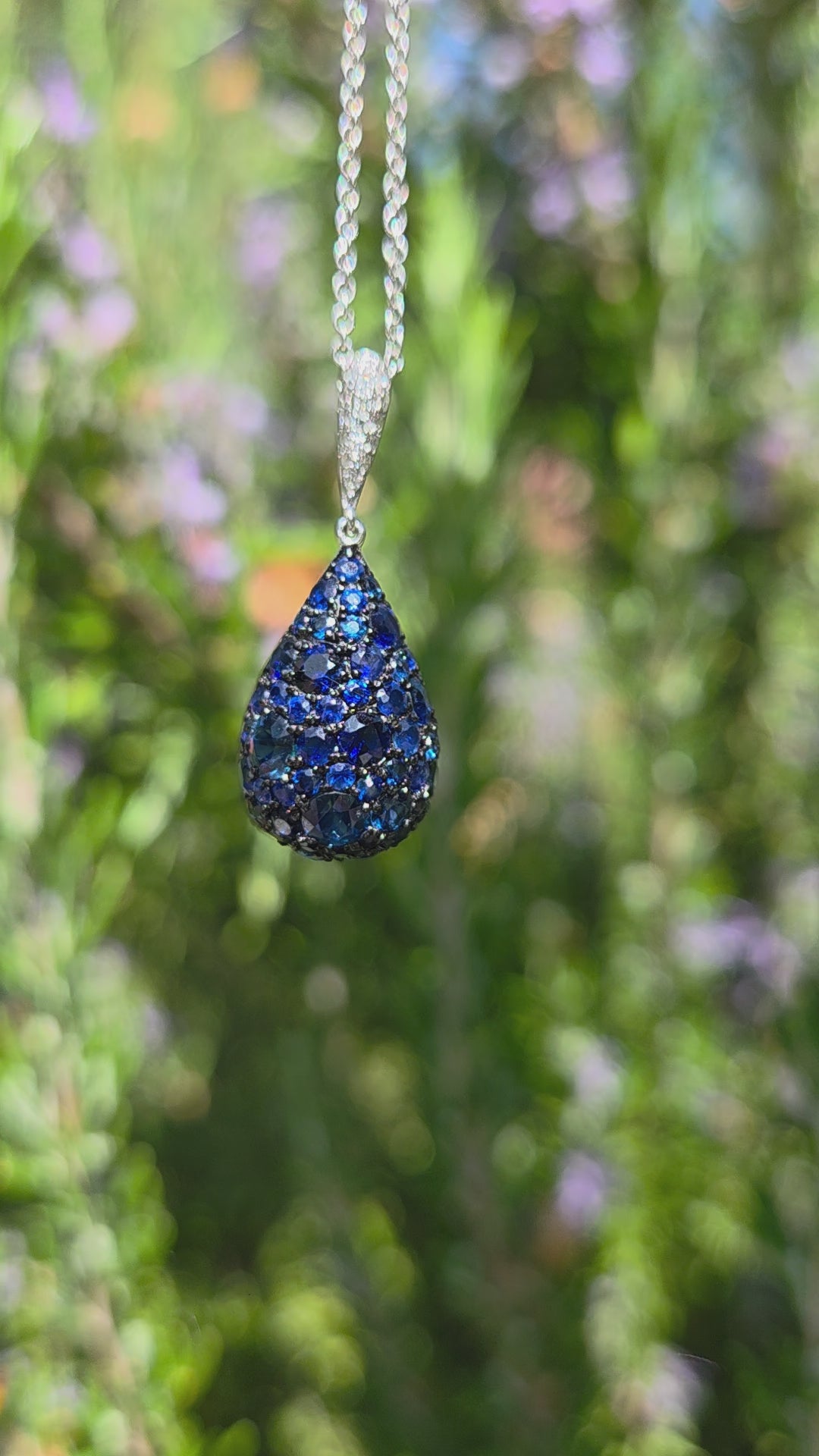 Sparkling Sapphire and Diamond Pear Drop Pendant Necklace in 14k White Gold