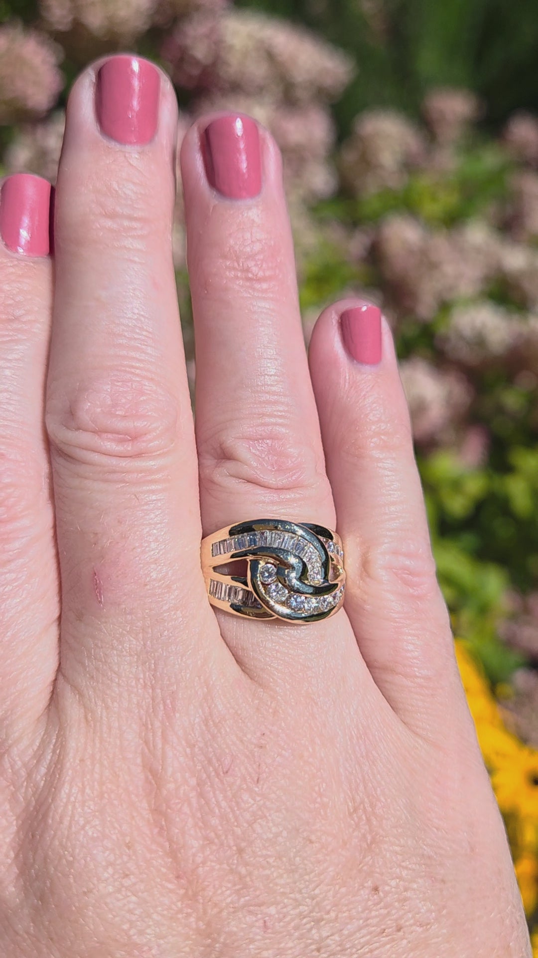 Baguette & Round Diamond Crossover Statement Ring in 14k Yellow Gold
