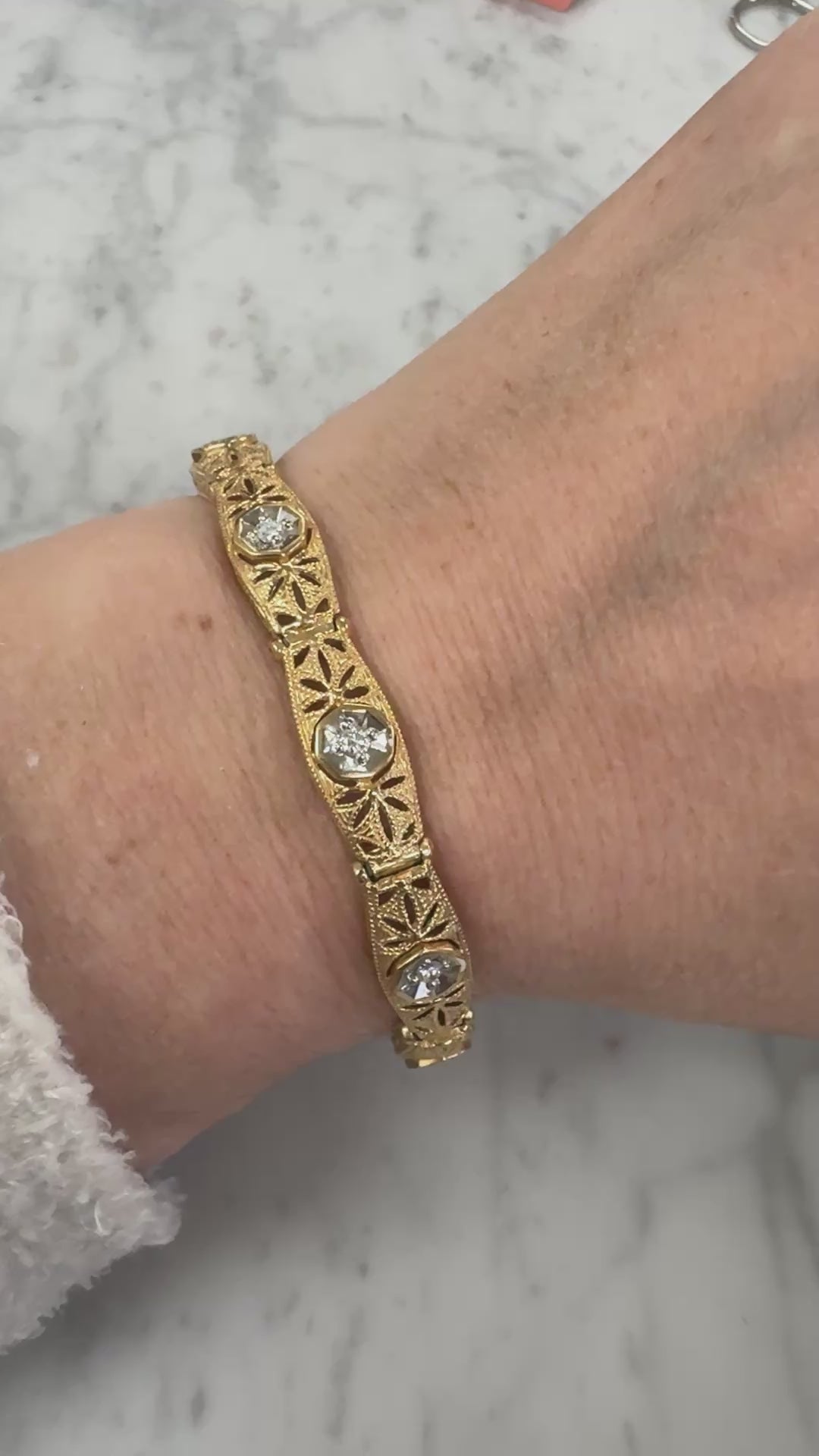 Vintage Filigree Diamond Link Bracelet in 14k Yellow Gold