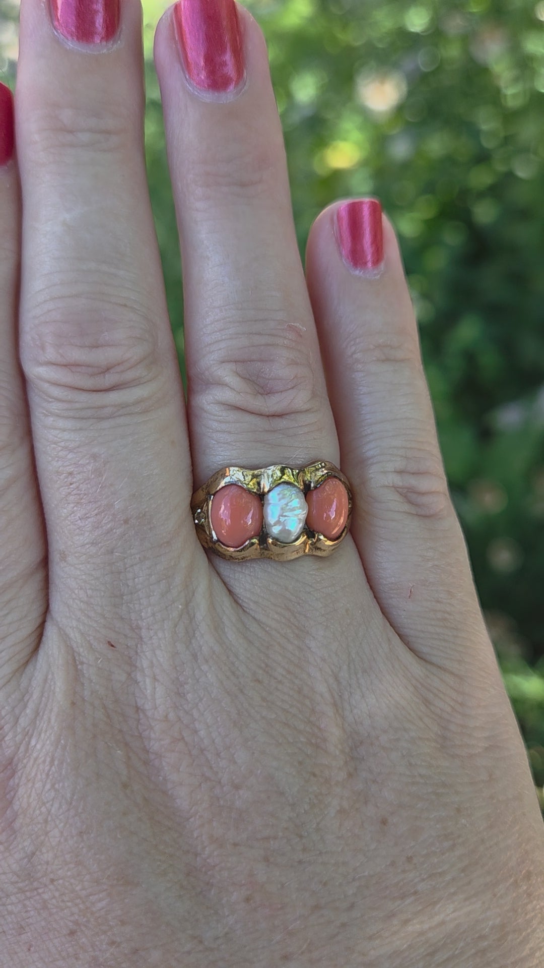Antique Victorian Coral Pearl and Diamond Bezel Set Ring in 14k Yellow Gold