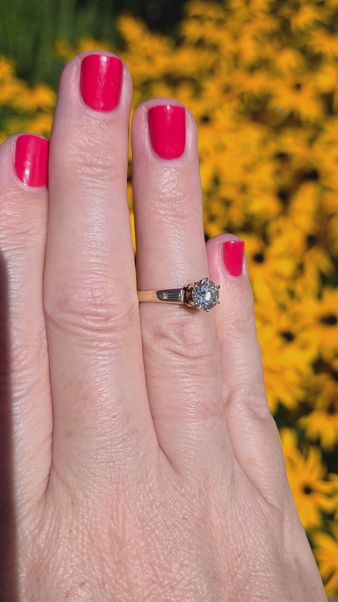Old European and Baguette Cut Diamond Three Stone Ring in 14k Yellow Gold