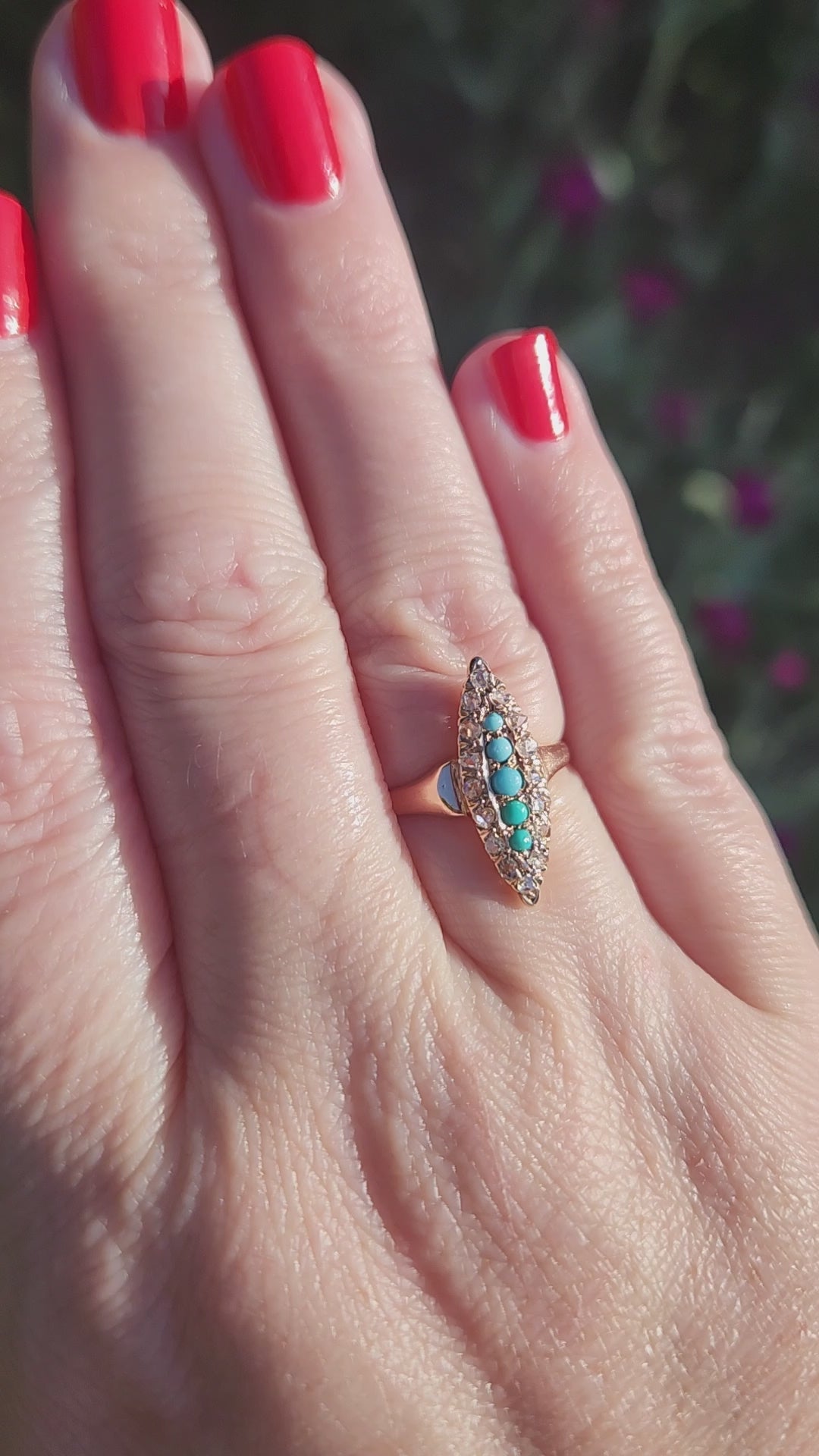 Victorian Turquoise and Rose Cut Diamond Navette Ring in 14k Rose Gold