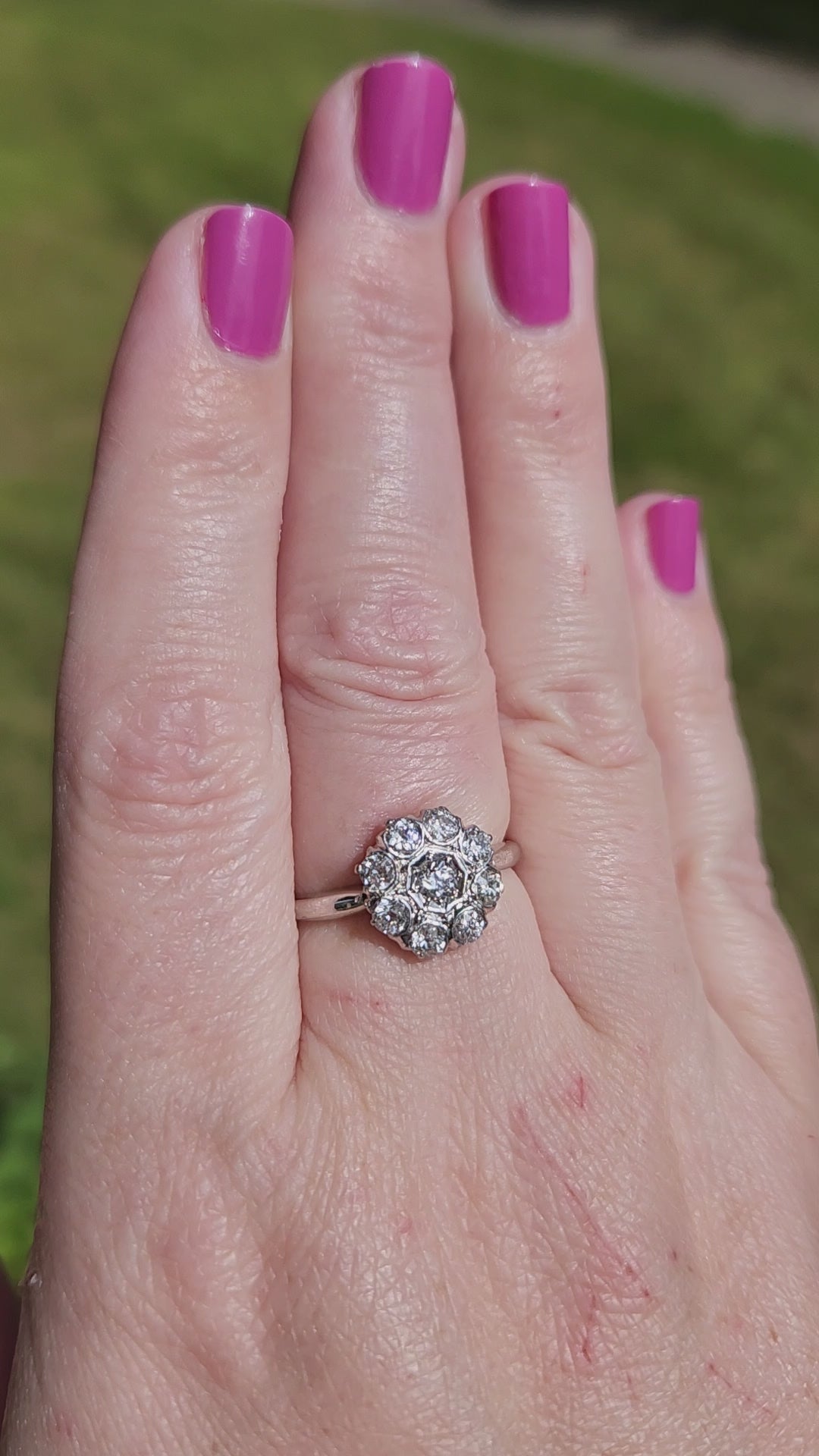 Old European Cut Diamond Daisy Target Cluster Ring in 18k White Gold