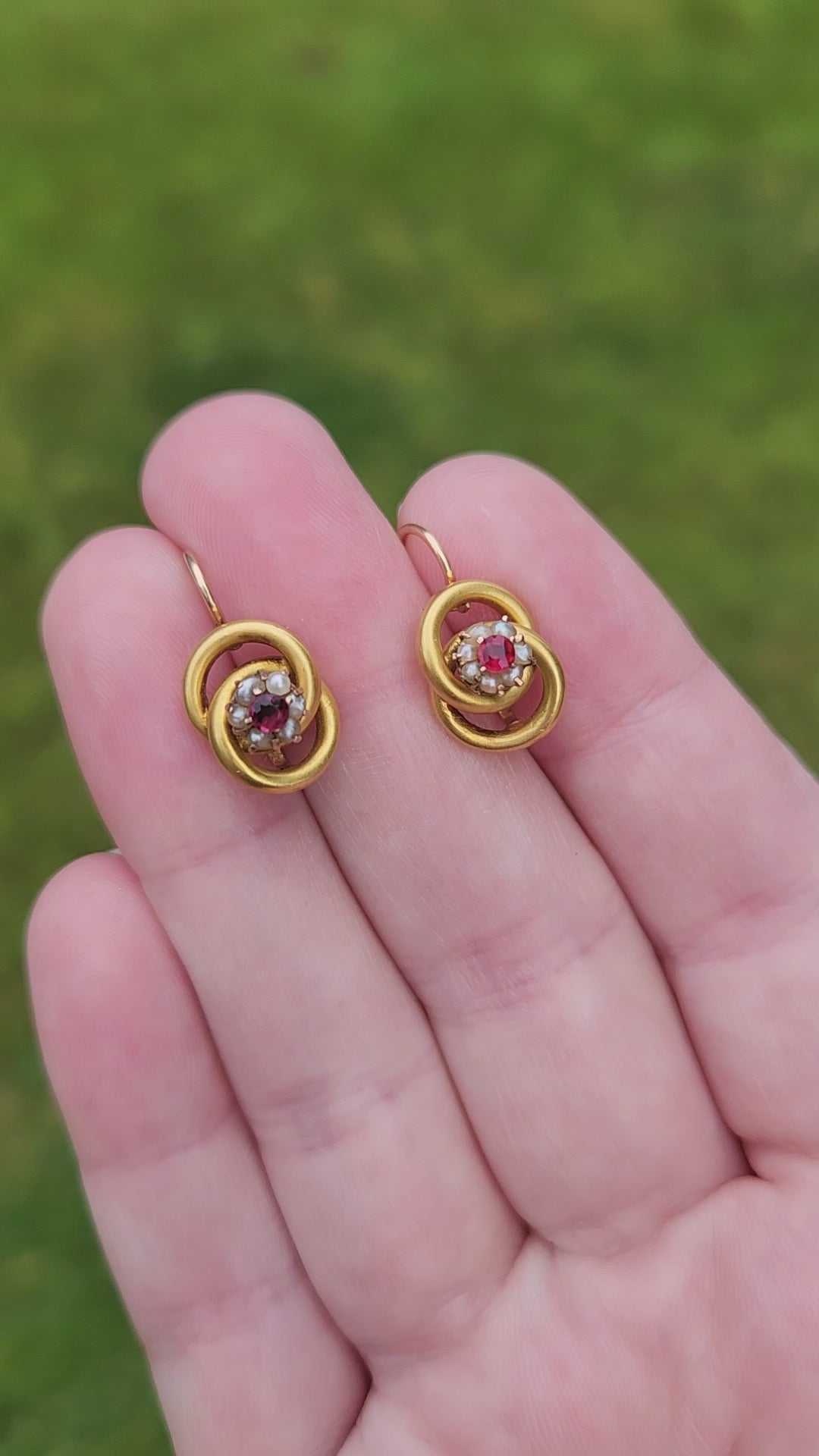 Sweet Victorian Ruby and Pearl Love Knot Earrings in 14k Yellow Gold