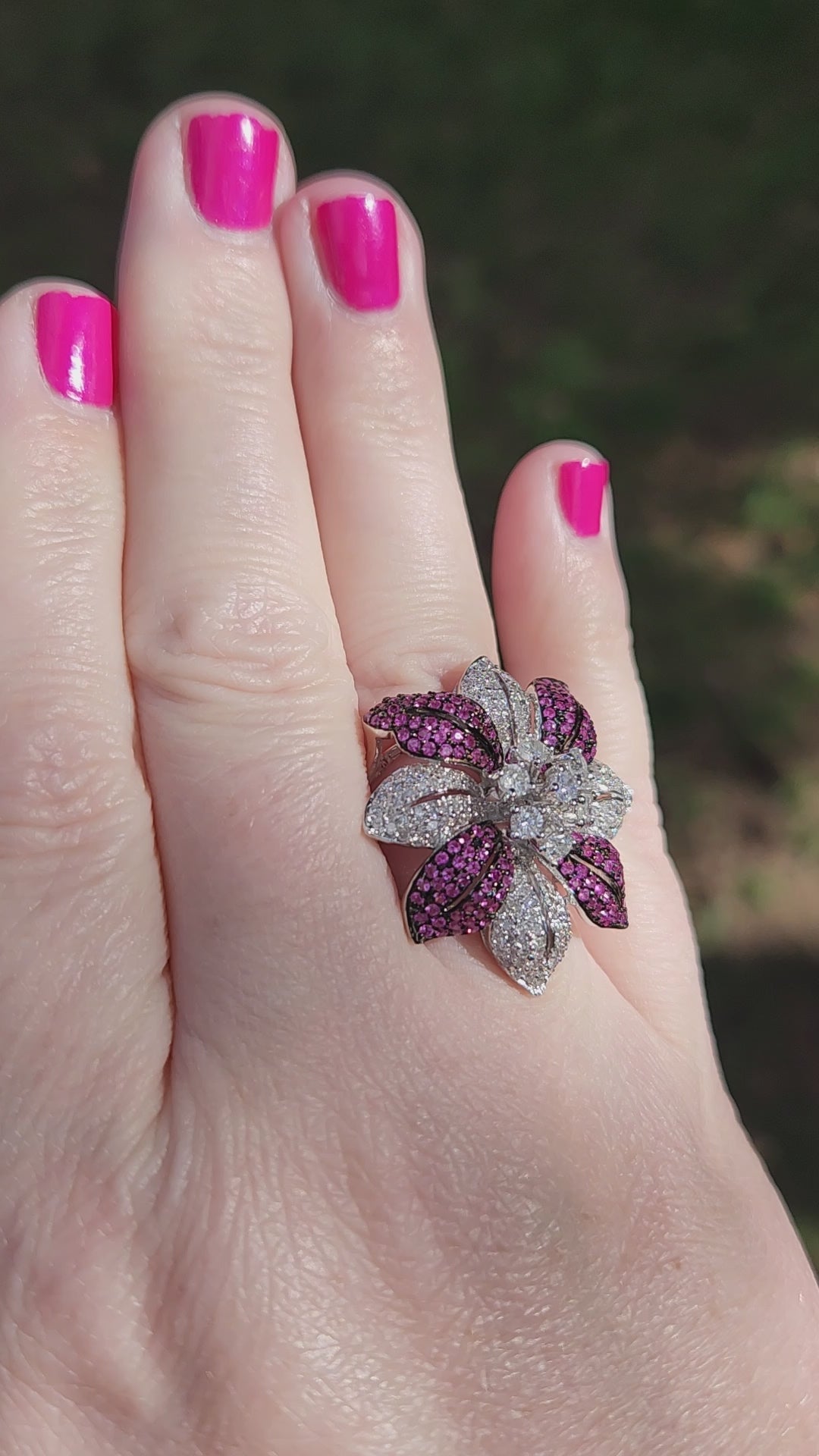 Bold Pink Sapphire and Diamond Flower Cocktail Ring in 18k White Gold