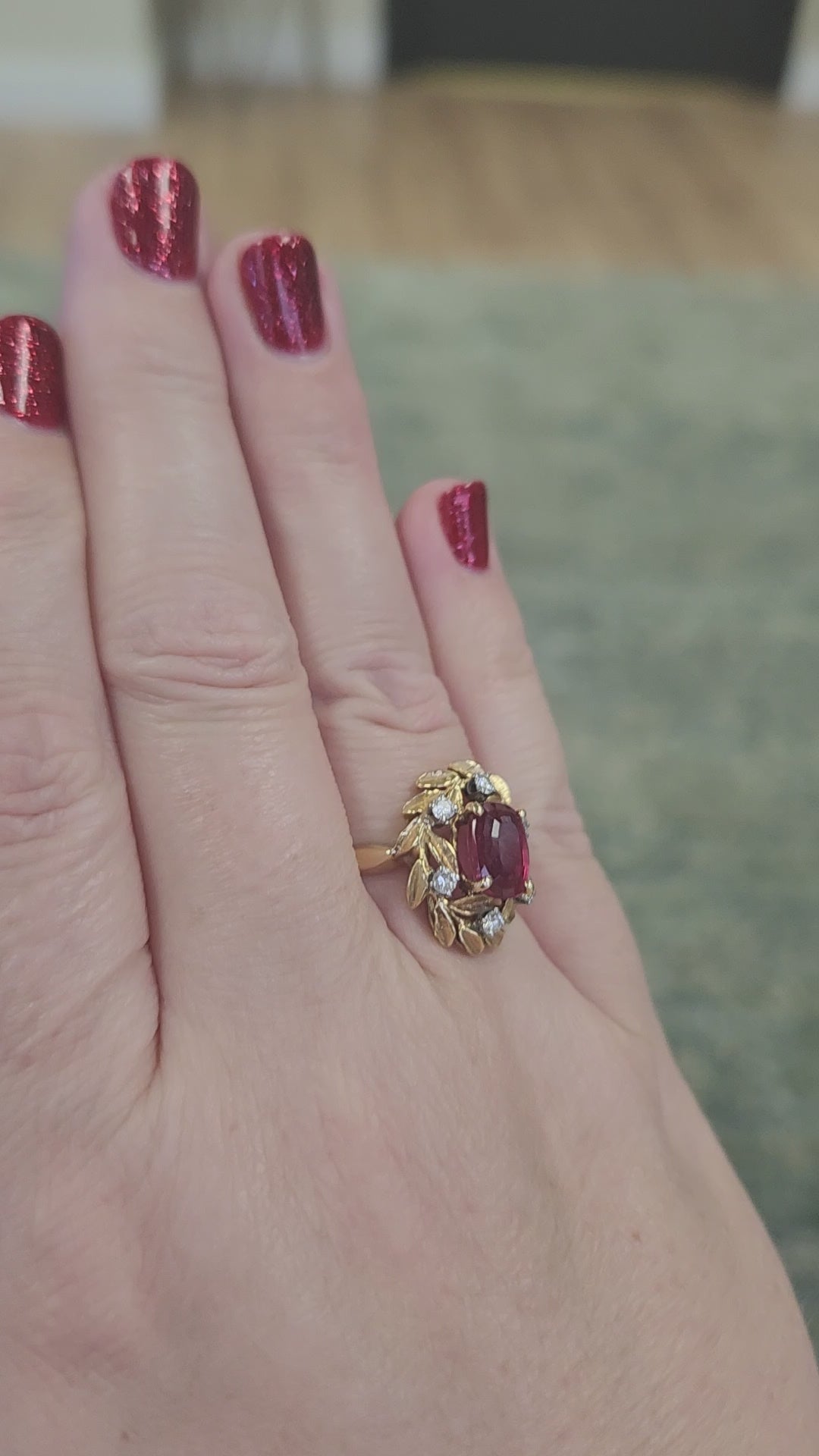 Vintage Rubellite Red Tourmaline and Diamond Wreath Garland Ring in 18k Yellow Gold