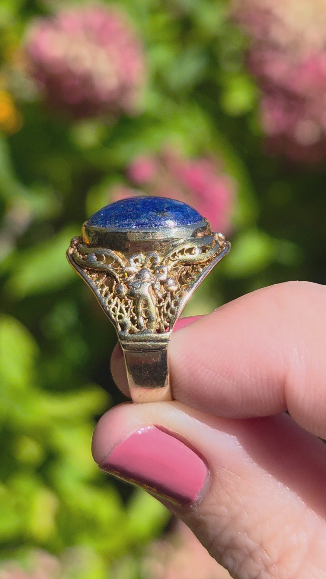 Antique Bezel Set Lapis Statement Ring in 18k Yellow Gold