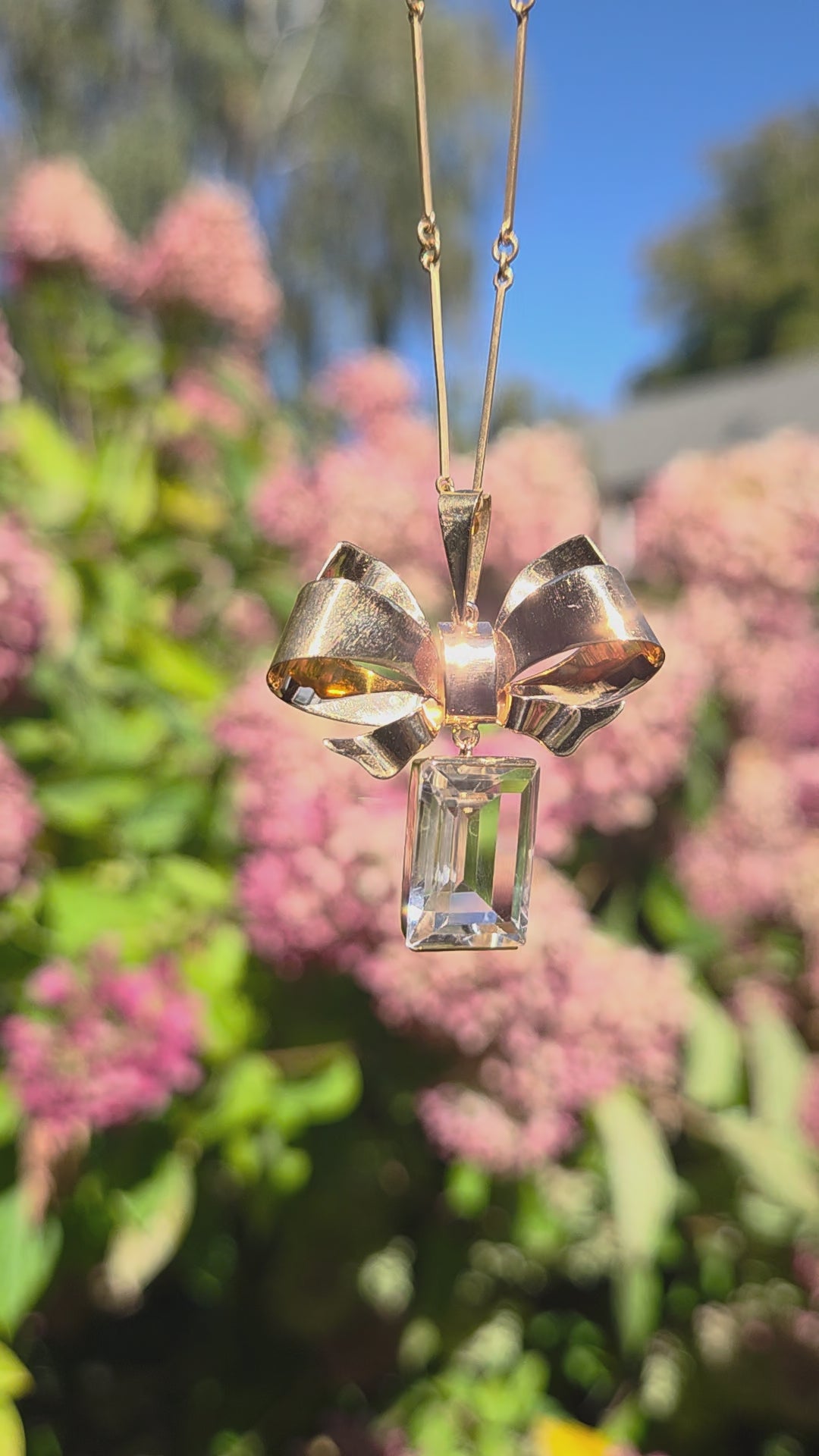Vintage Ribbon Bow Quartz Dangle Pendant Necklace in 18k Yellow Gold