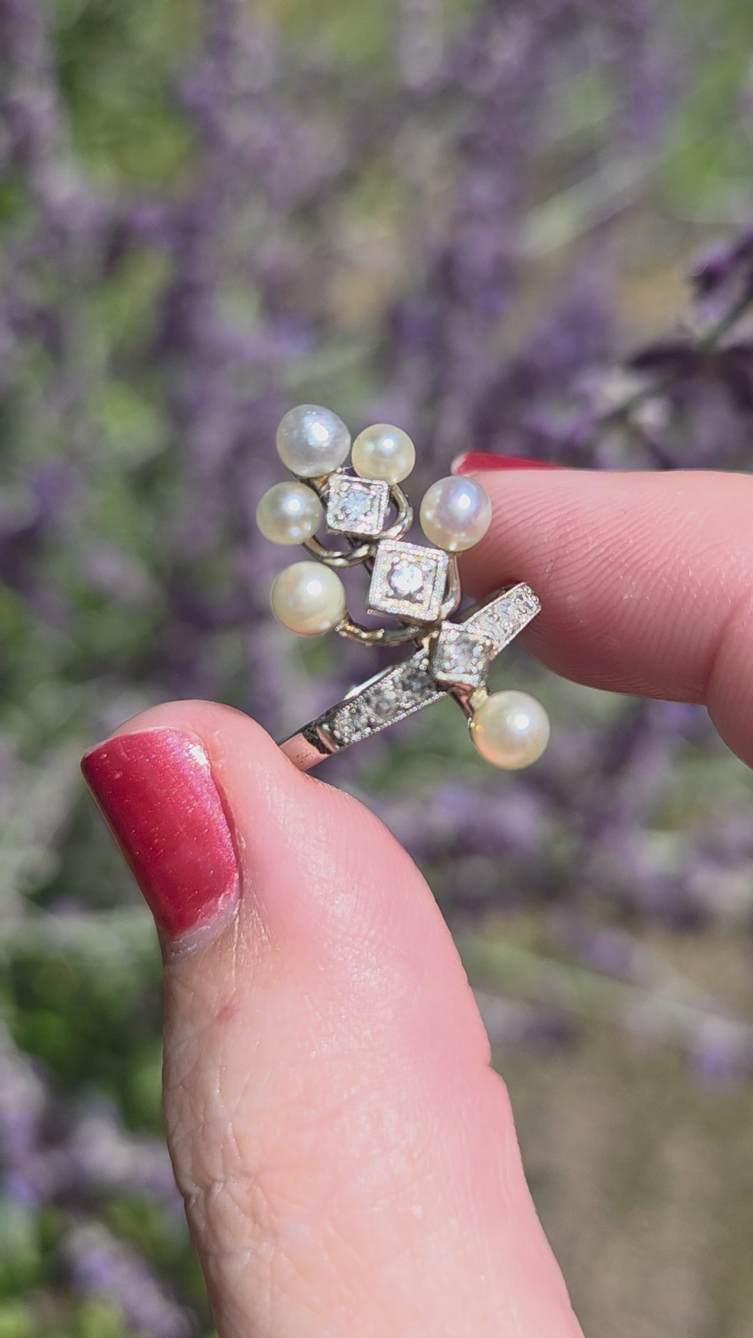 Antique Edwardian Pearl and Diamond Tiara Ring in Platinum and 14k White Gold
