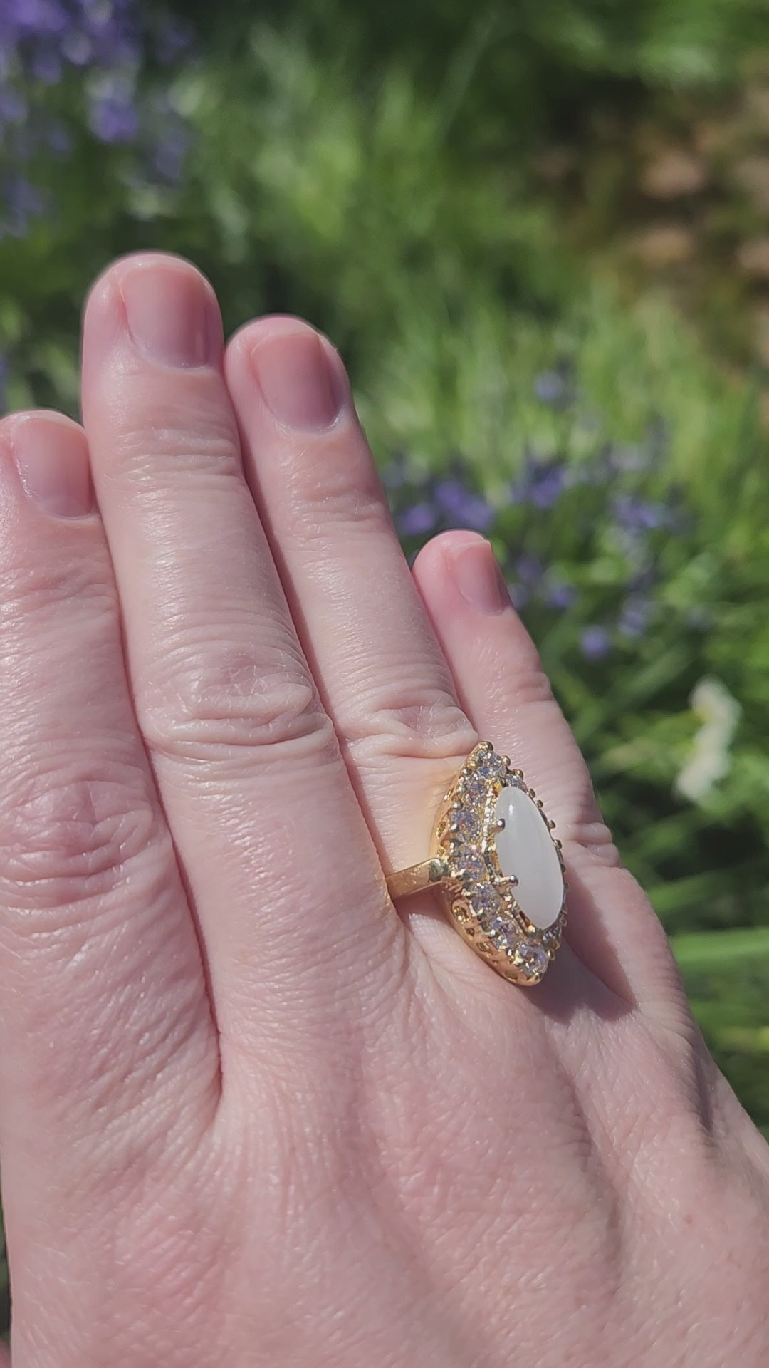 Antique Victorian Cat's Eye Moonstone and Old Mine Cut Diamond Navette Ring in 14k Yellow Gold