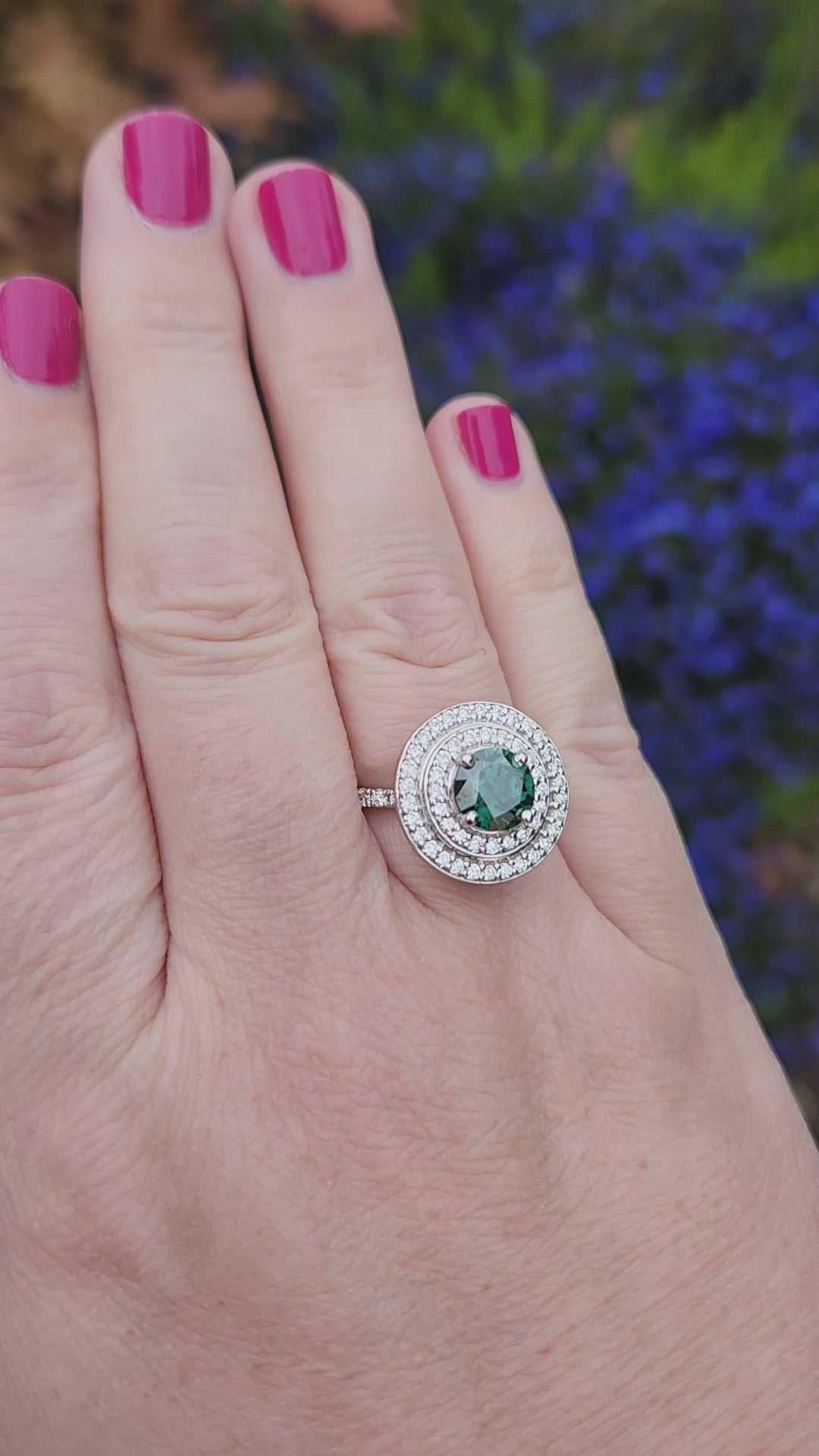 Fancy Teal Green Blue and White Natural Diamond Double Halo Ring in 18k White Gold