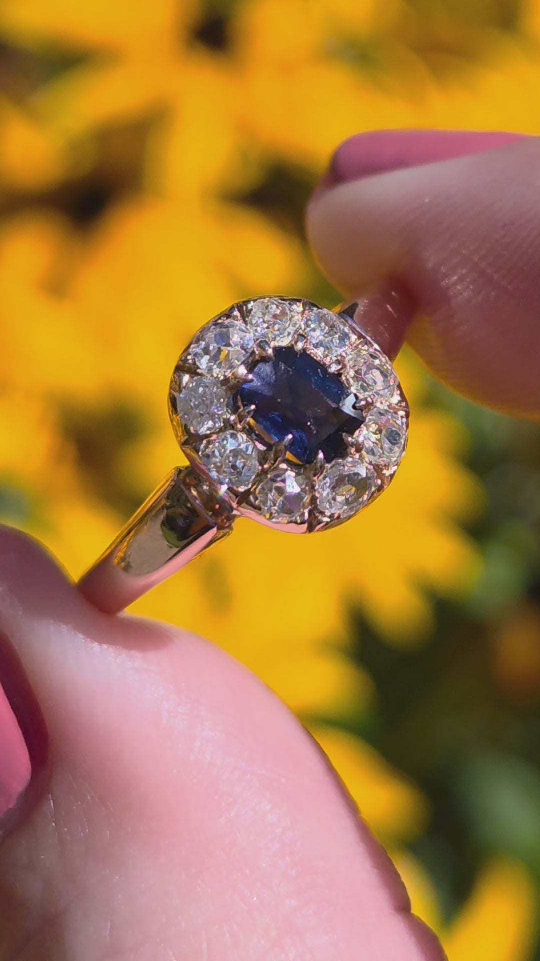 Victorian Deep Blue Sapphire and Old Mine Cut Diamond Halo Ring in 10k Rose Gold