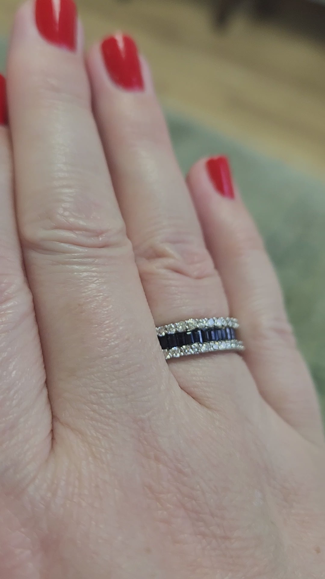 Sparkling Deep Blue Sapphire and Diamond Band Ring in 14k White Gold