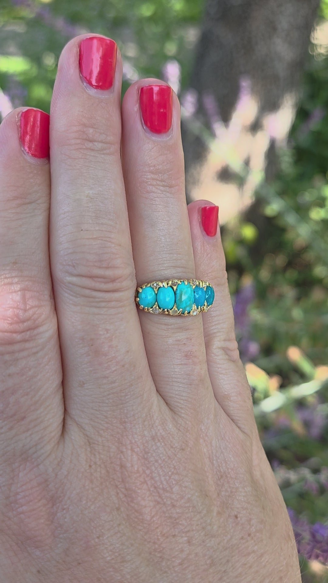 Victorian Turquoise & Rose Cut Diamond Five Stone Band Ring in 18k Yellow Gold
