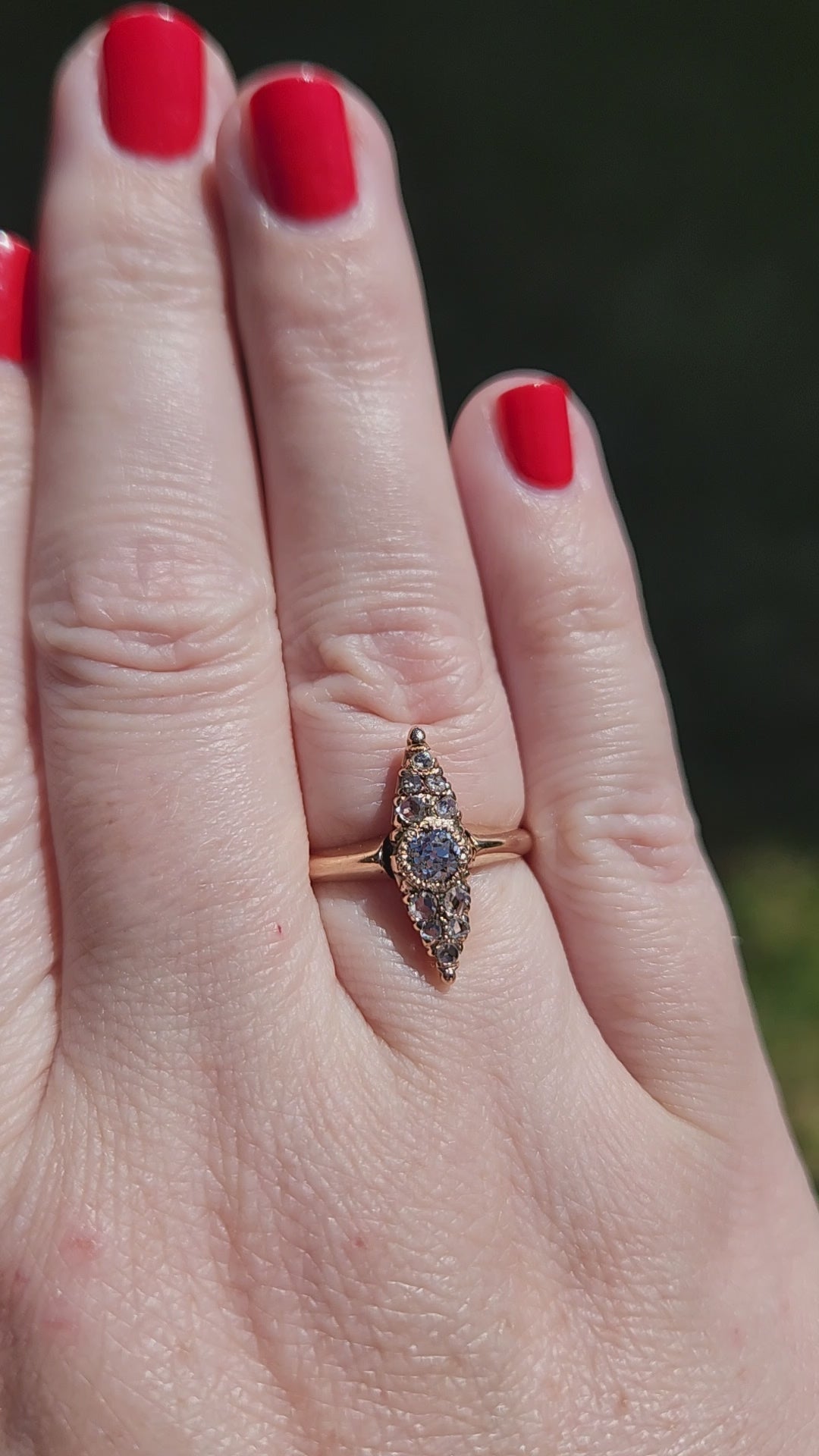Antique Victorian Old Cut and Rose Cut Diamond Navette Ring in 14k Rosy Gold