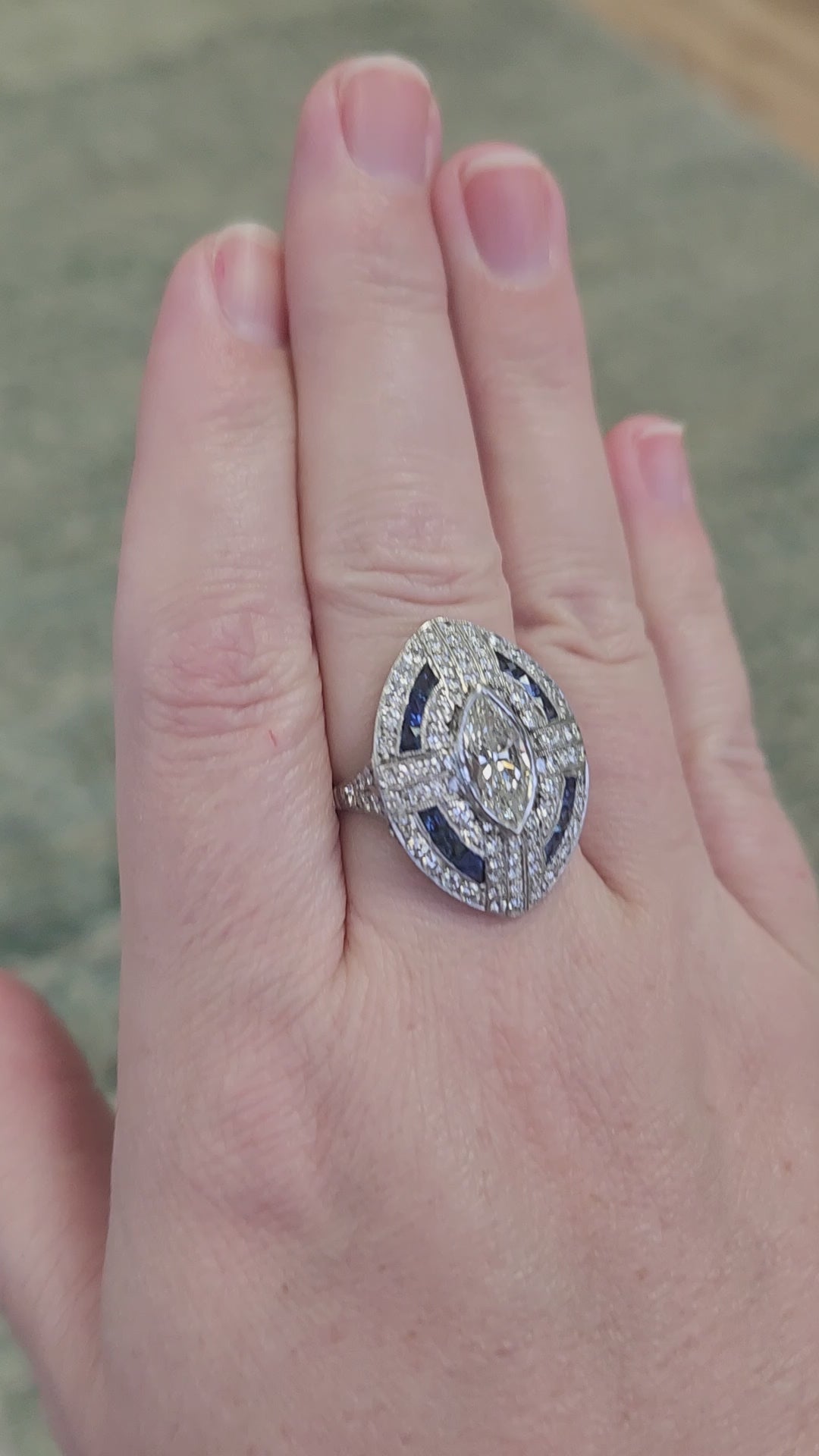 Incredible Art Deco Style Natural Marquise Diamond and Sapphire Ring in Platinum
