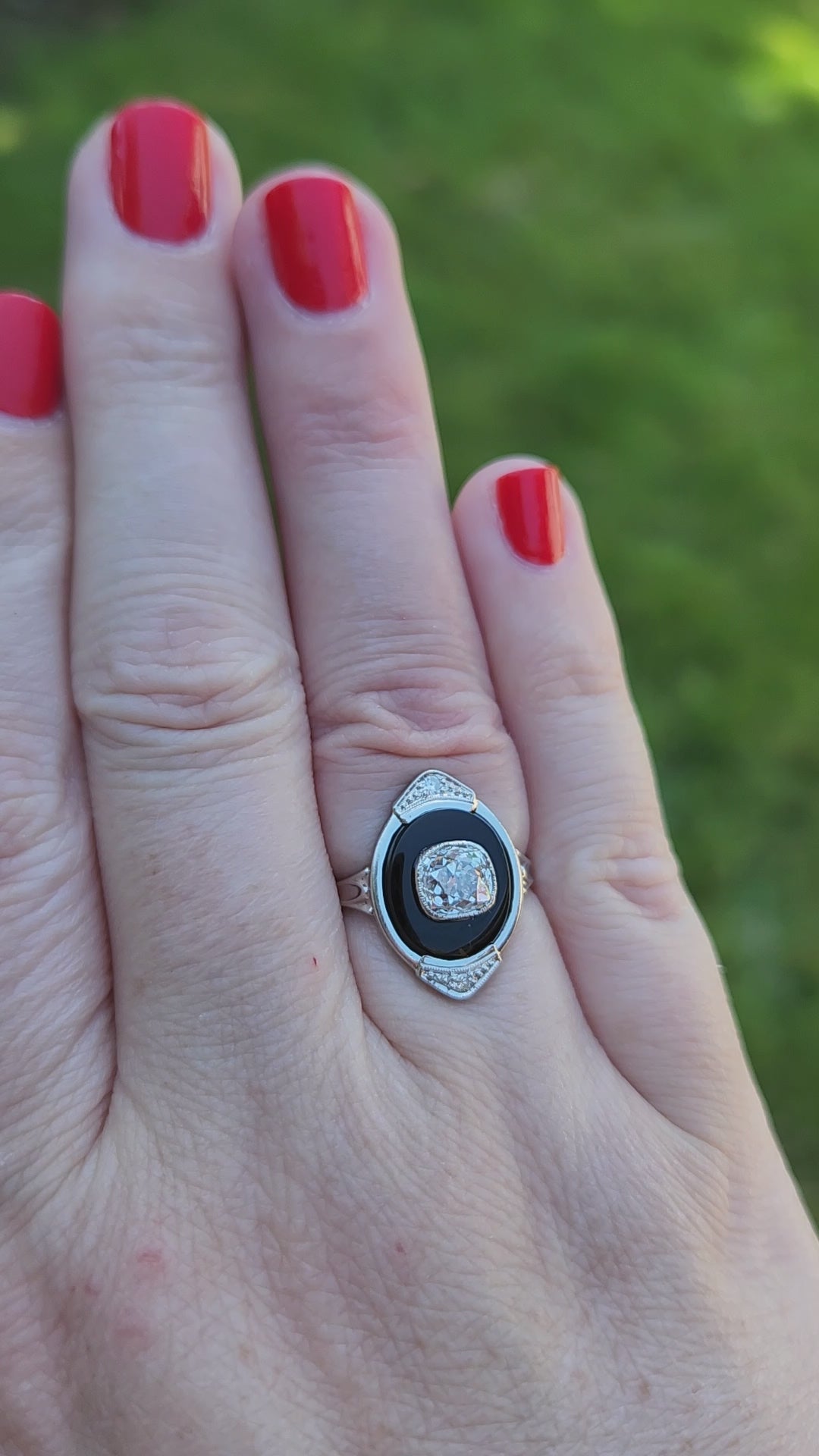 Incredible Art Deco Old Mine Cut Diamond Onyx Ring in Platinum