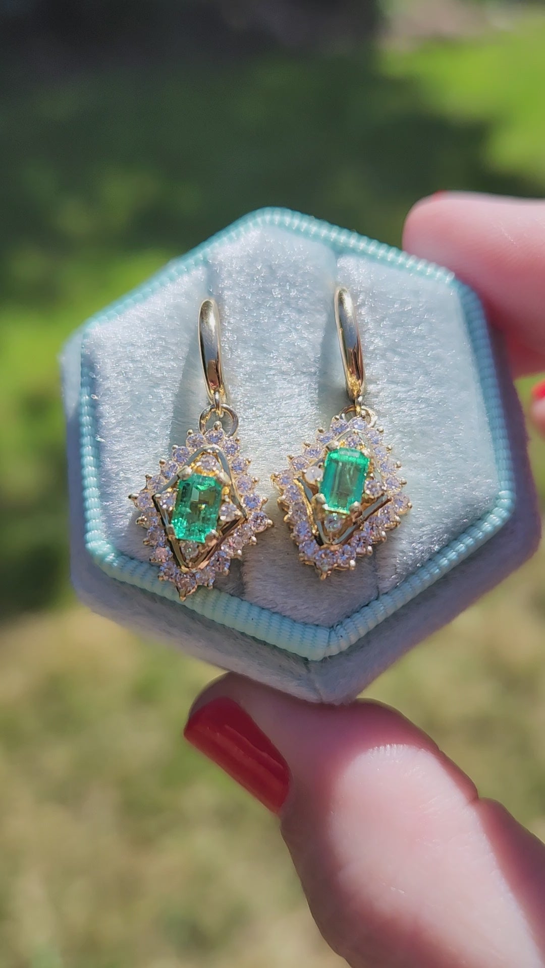 Gorgeous Green Emerald and Diamond Dangle Earrings in 18k Yellow Gold