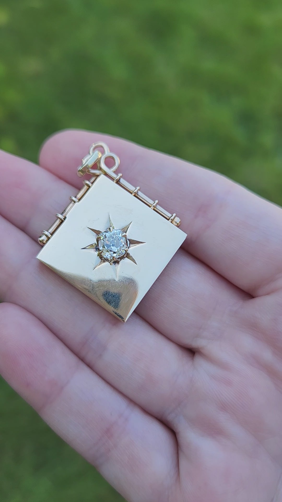 Exquisite Antique Victorian Square Locket with Old Mine Cut Diamond Center in 14k Rosy Yellow Gold