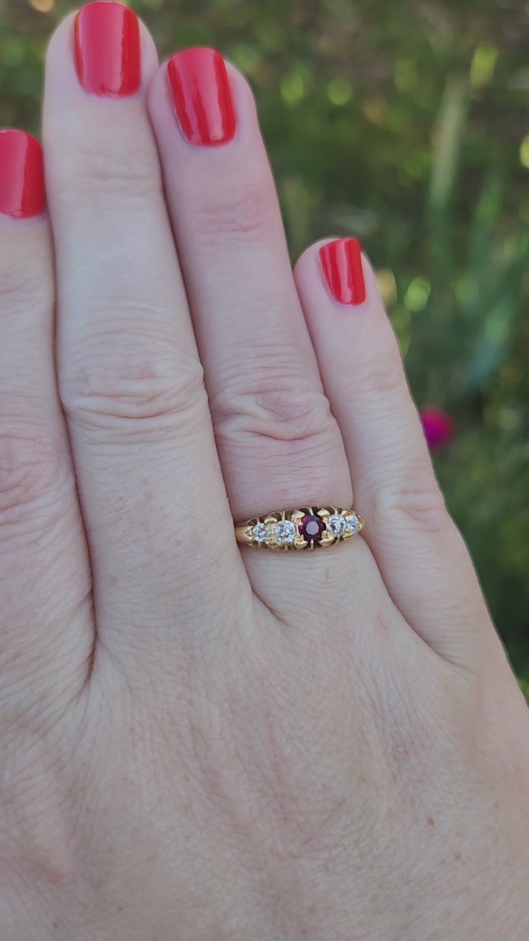 Victorian Ruby and Old Mine Cut Diamond Band Ring in 18k Yellow Gold