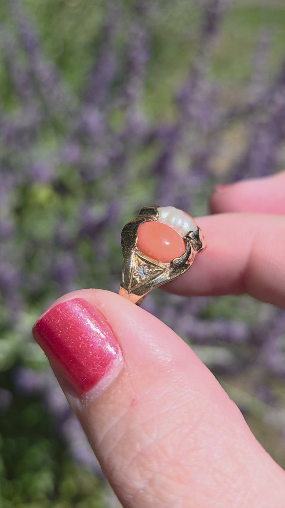 Antique Victorian Coral Pearl and Diamond Bezel Set Ring in 14k Yellow Gold