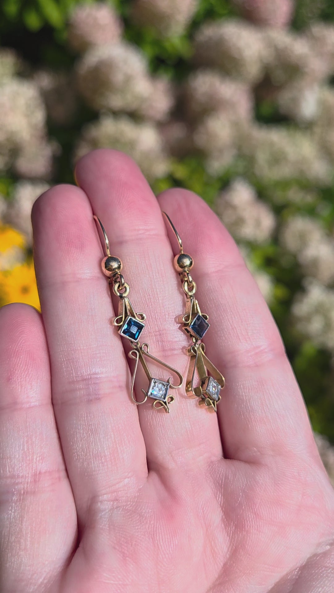 Fantastic Art Deco Old Cut Diamond and Sapphire Dangle Earrings in 18k Yellow Gold